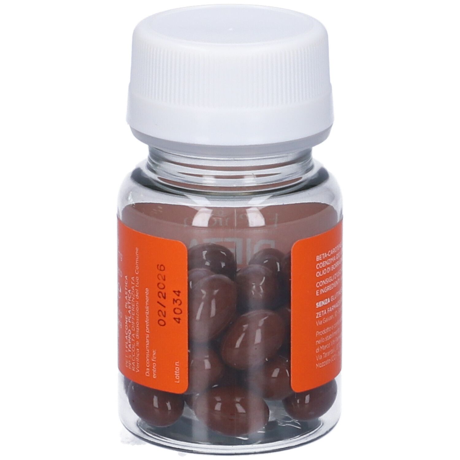 Retro del flacone con capsule. Etichetta arancione con data di scadenza e numero di lotto.