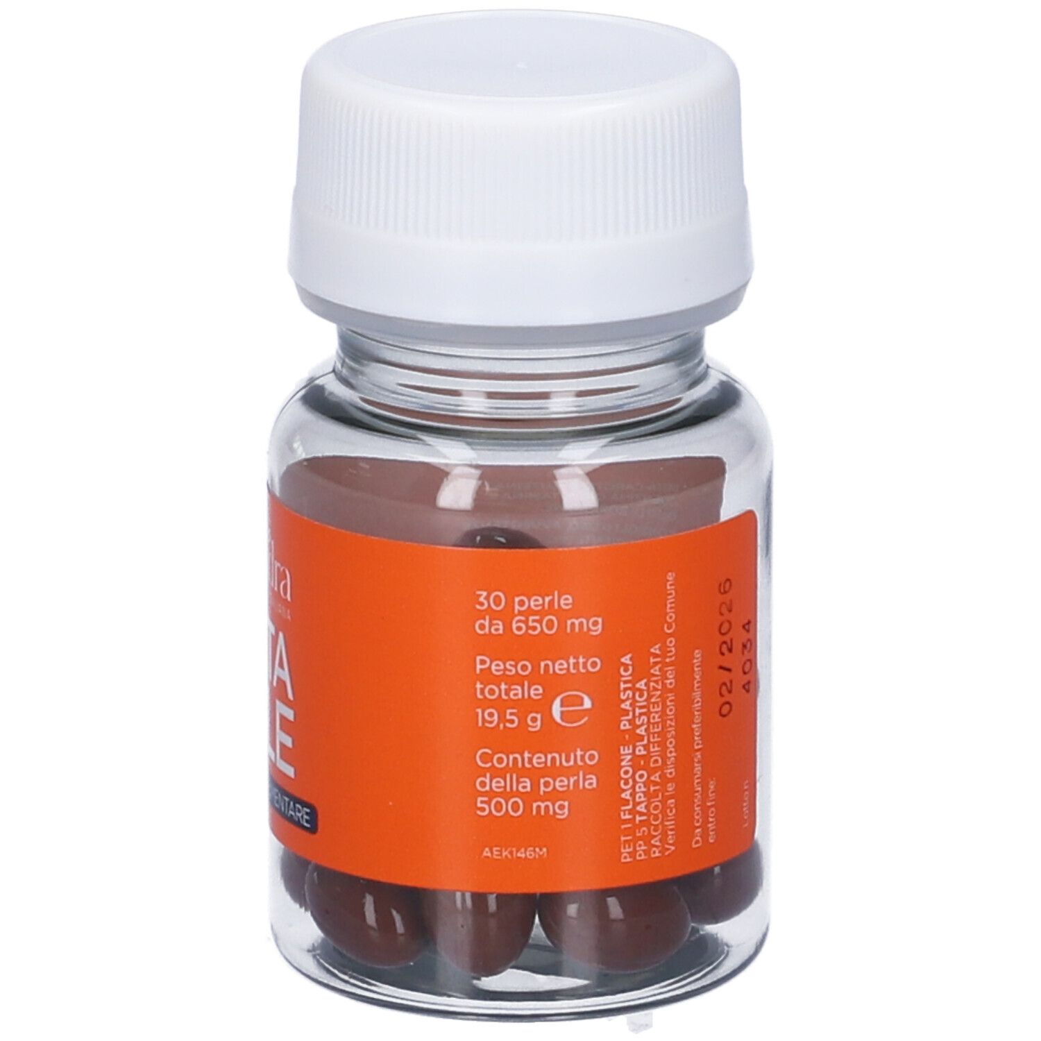 Flacone con capsule. Etichetta arancione con informazioni su contenuto e peso.