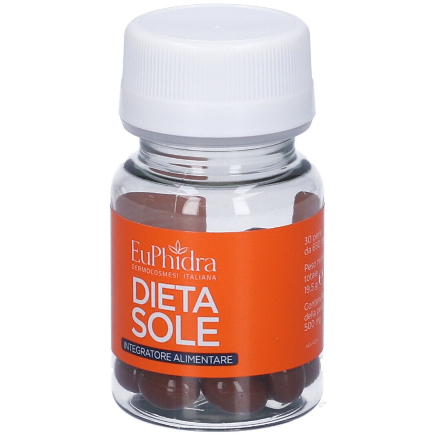 Flacone con capsule. Etichetta arancione con nome prodotto, marchio e indicazione.