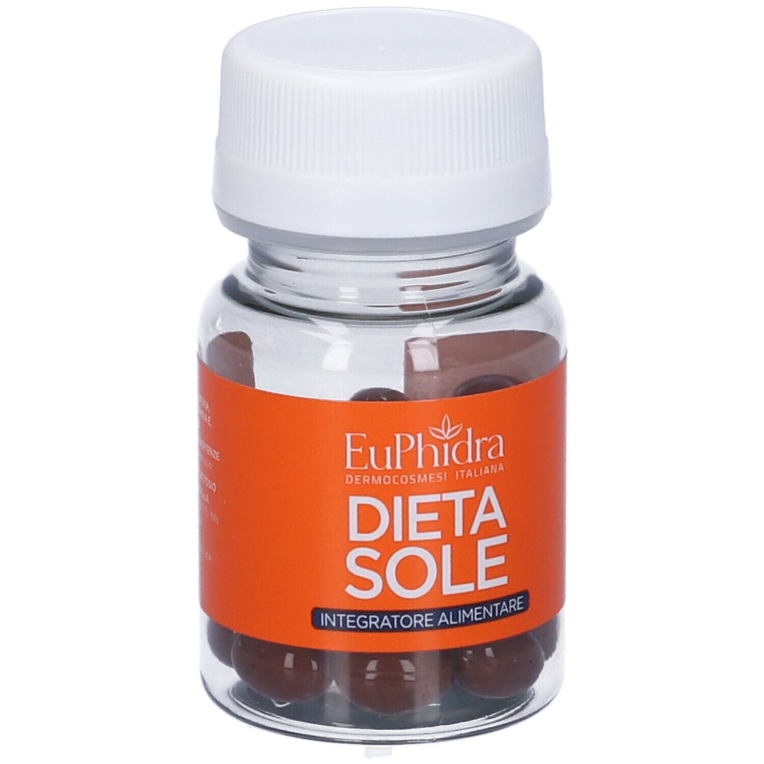 Flacone con capsule. Etichetta arancione con nome prodotto, marchio e indicazione.