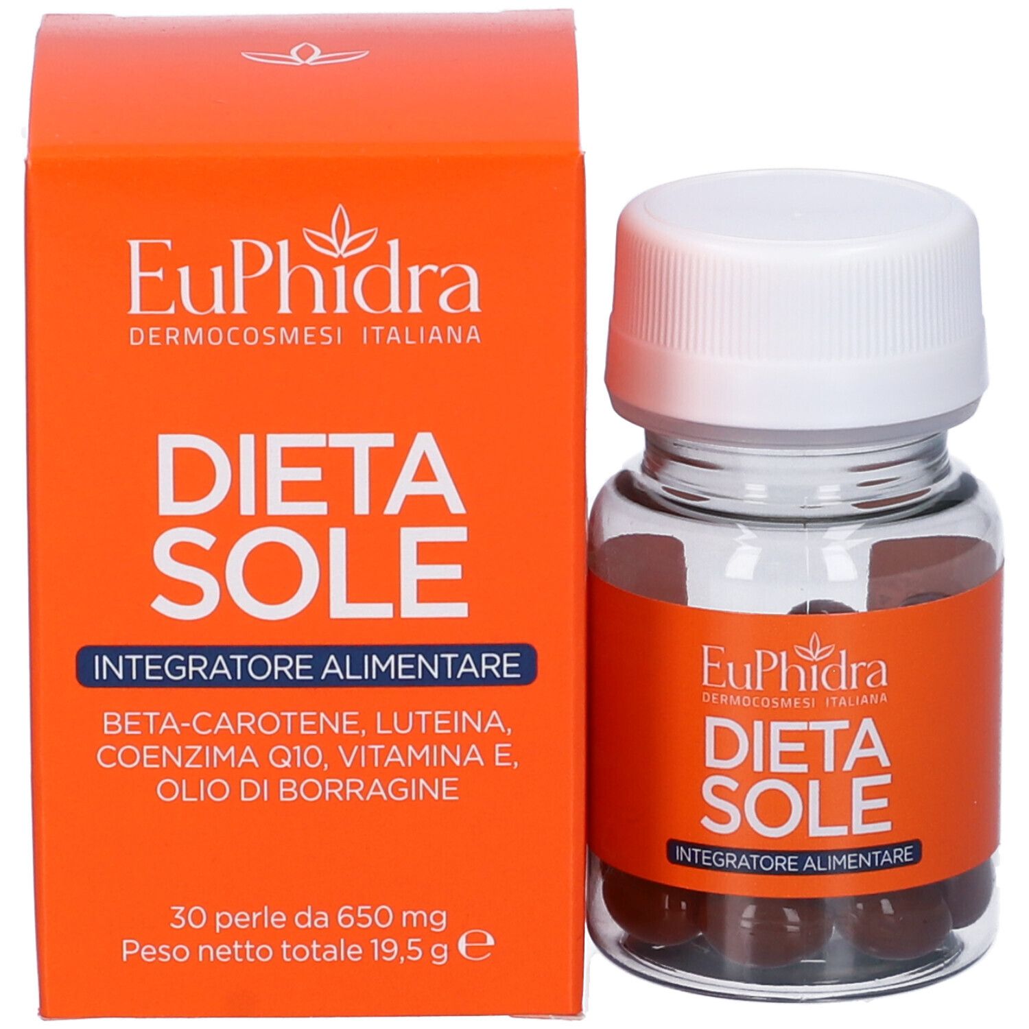 Flacone e confezione del prodotto. Scatola arancione e flacone con capsule. Nome prodotto e marchio.
