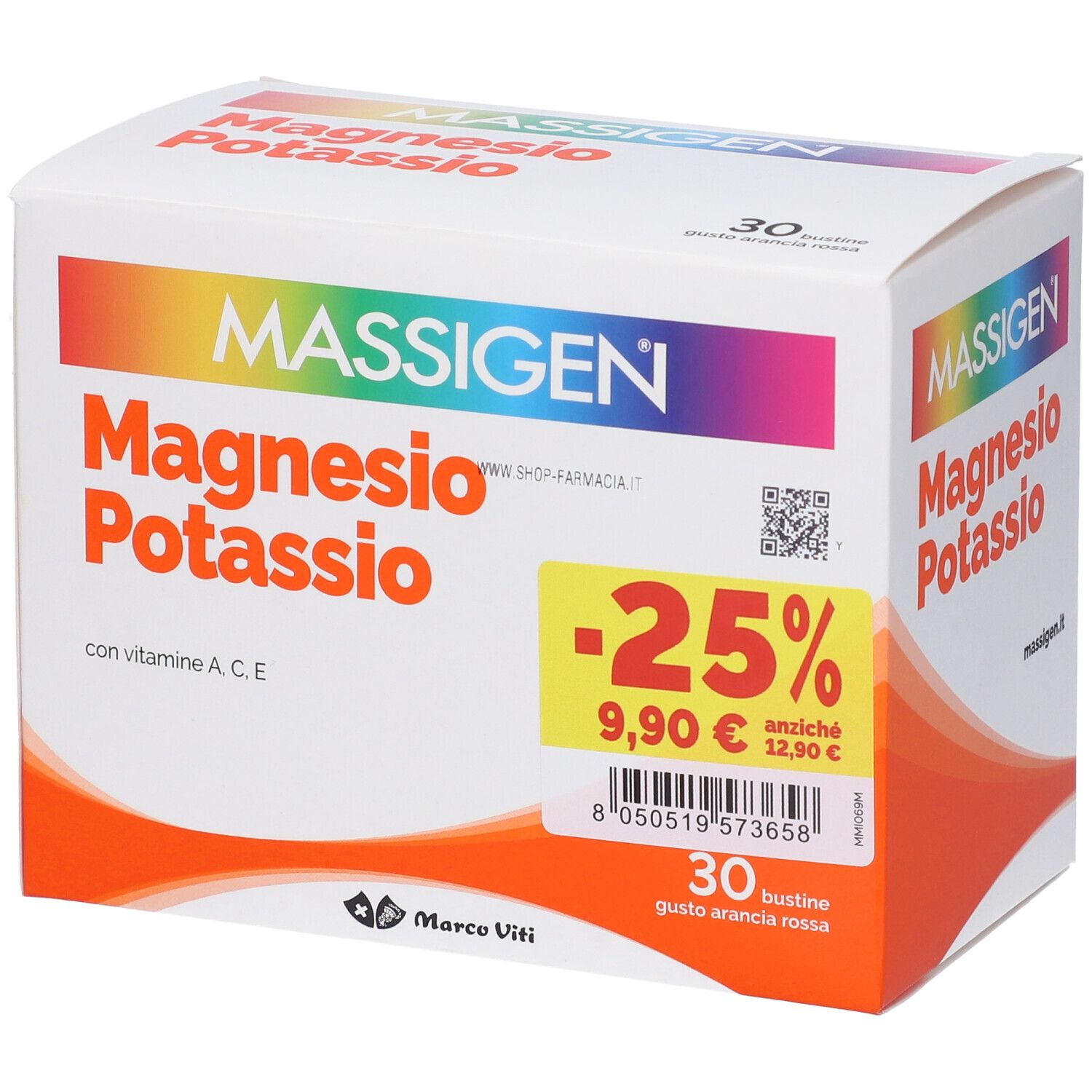 Confezione di MASSIGEN Magnesio Potassio. Contiene 30 bustine. Scritta: -25% di sconto, 9,90€ invece di 12,90€.