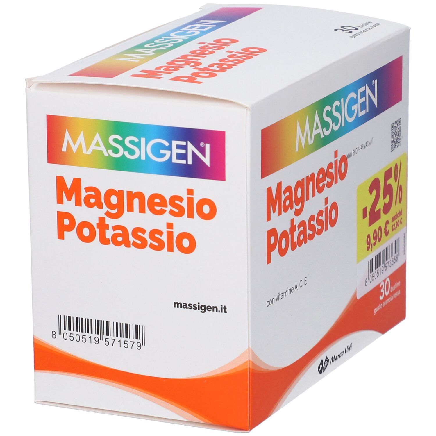 Confezione di MASSIGEN Magnesio Potassio. Contiene 30 bustine. Scritta: -25% di sconto, 9,90€ invece di 12,90€.