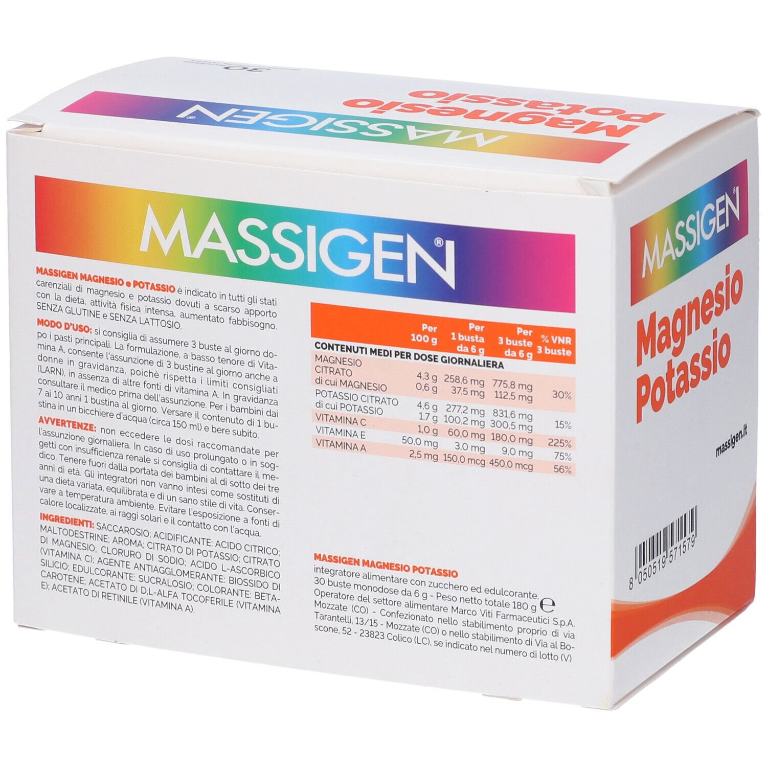 Confezione di MASSIGEN Magnesio Potassio. Contiene 30 bustine. Scritta: Ingredienti e informazioni nutrizionali.