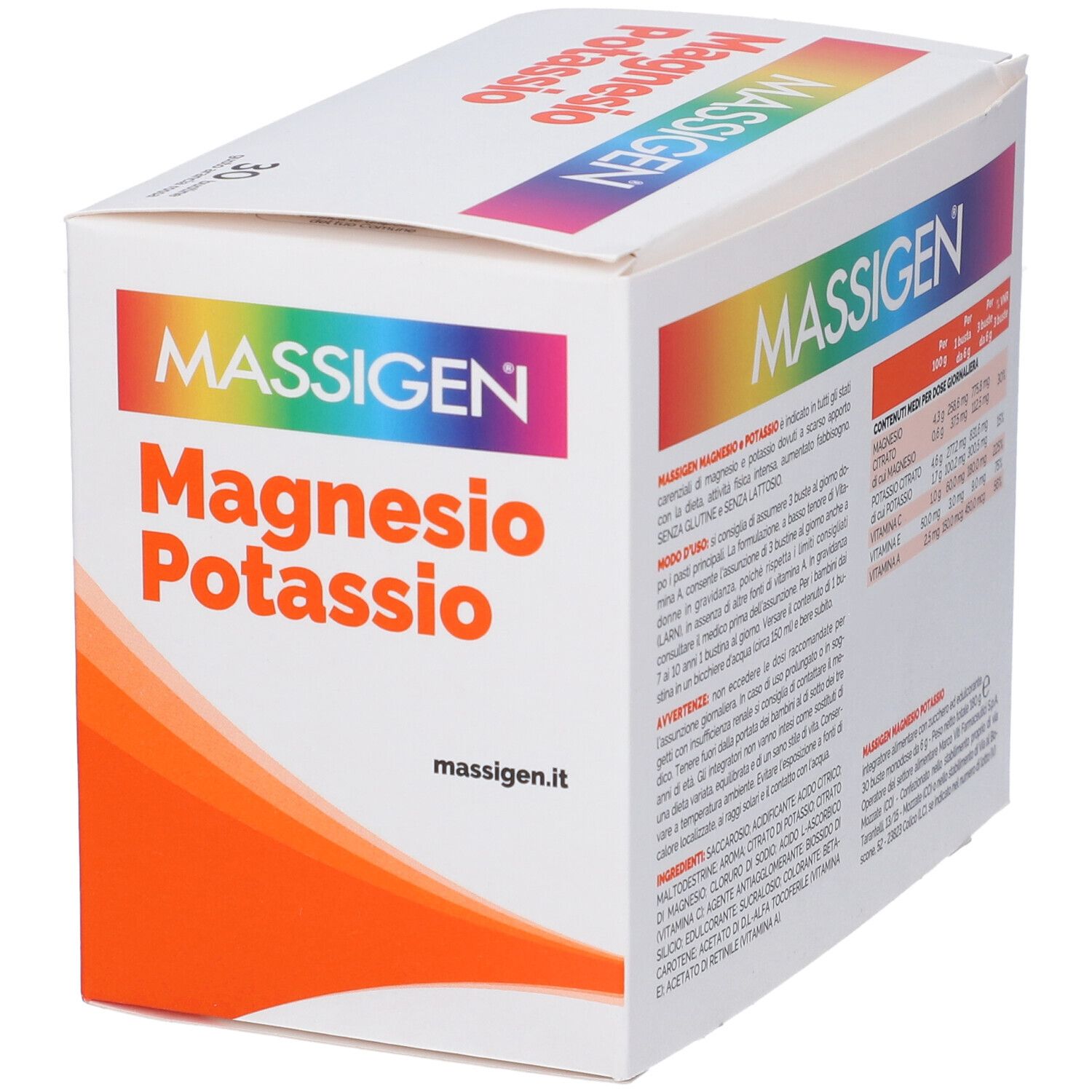 Confezione di MASSIGEN Magnesio Potassio. Contiene 30 bustine. Scritta: Ingredienti e istruzioni per l'uso.