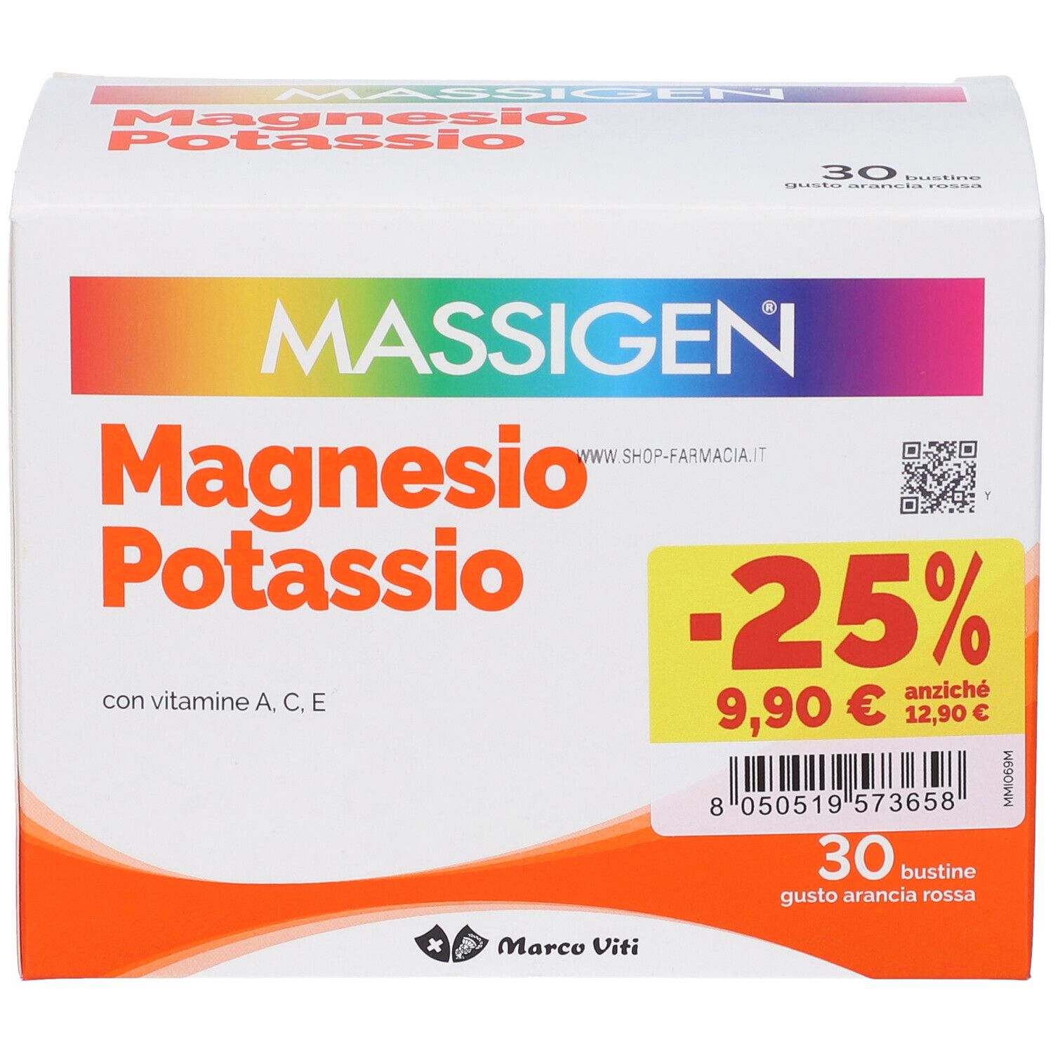 Confezione di MASSIGEN Magnesio Potassio. Contiene 30 bustine. Scritta: -25% di sconto, 9,90€ invece di 12,90€.