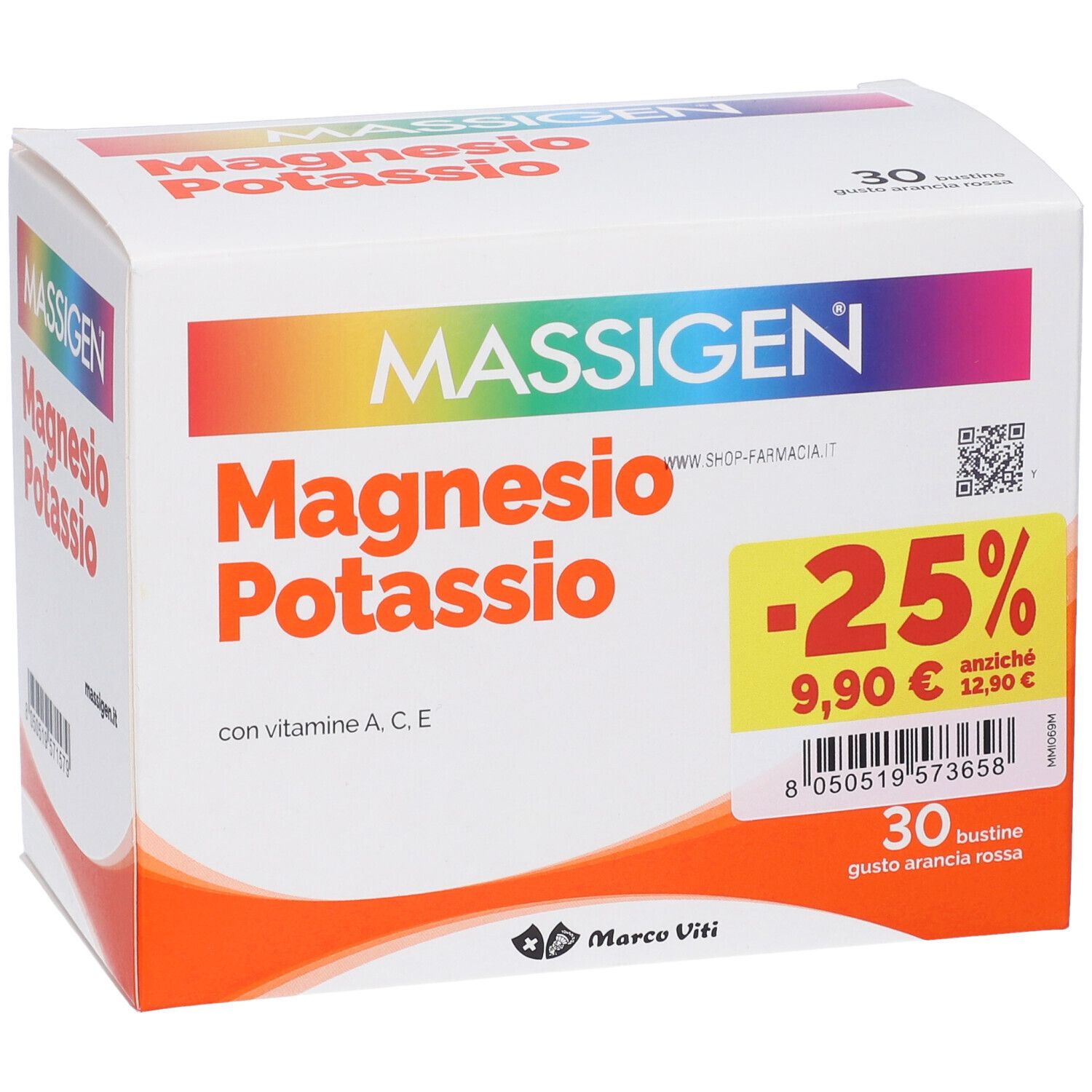 Confezione di MASSIGEN Magnesio Potassio. Contiene 30 bustine. Scritta: -25% di sconto, 9,90€ invece di 12,90€.