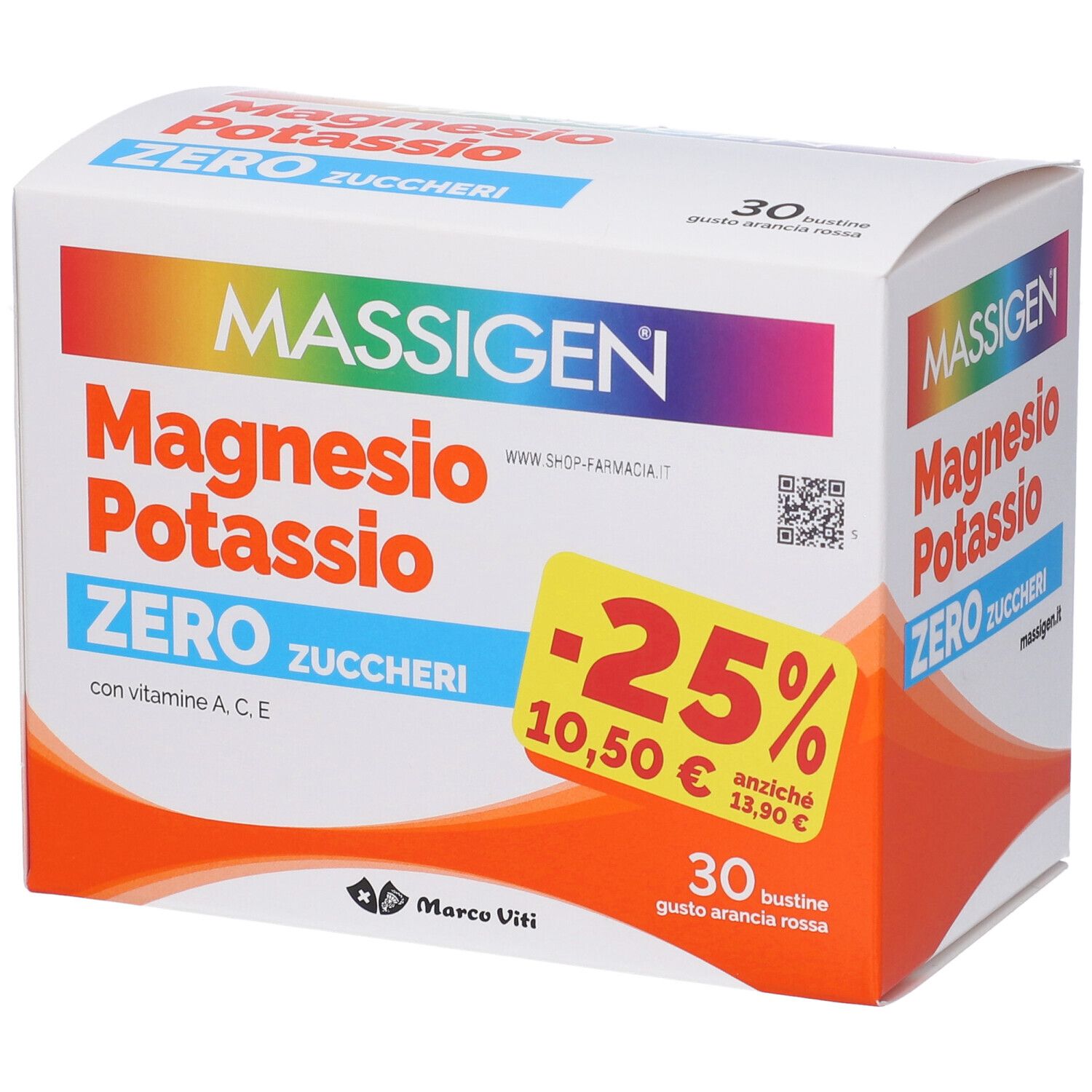 Confezione di MASSIGEN Magnesio Potassio Zero. Contiene 30 bustine. Con sconto -25%, 10,50€ invece di 13,90€.