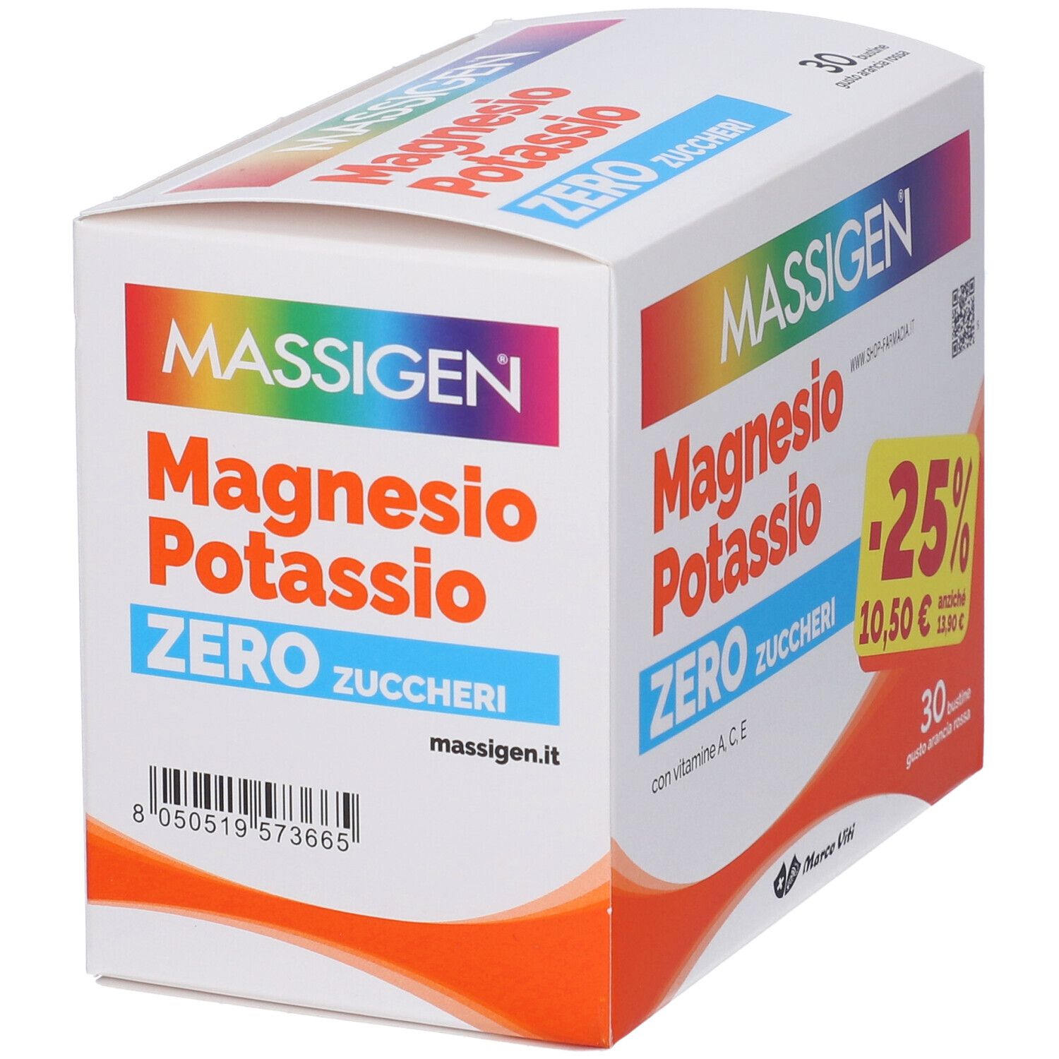 Confezione di MASSIGEN Magnesio Potassio Zero. Contiene 30 bustine. Con codice a barre e logo.