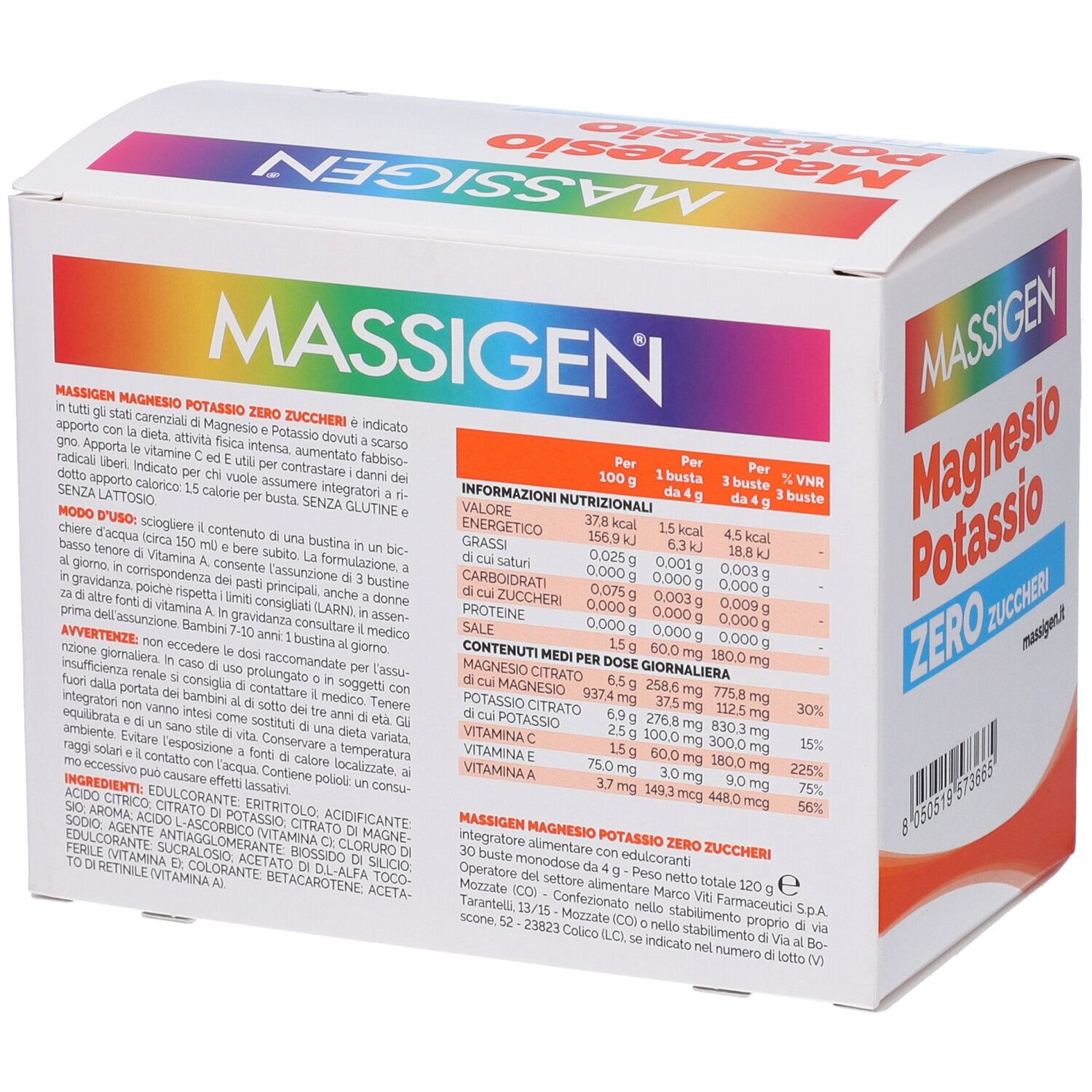 Retro della confezione di MASSIGEN Magnesio Potassio Zero. Contiene informazioni nutrizionali e ingredienti.
