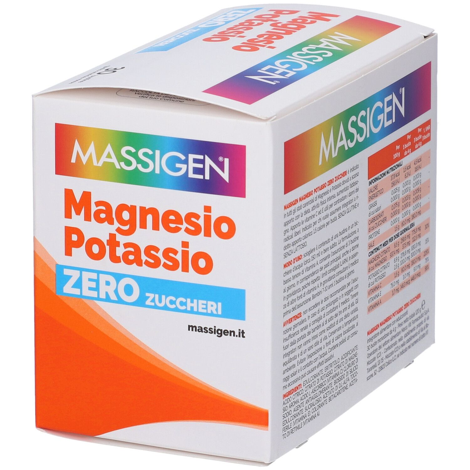 Confezione di MASSIGEN Magnesio Potassio Zero. Contiene 30 bustine. Con logo e indirizzo del sito web.
