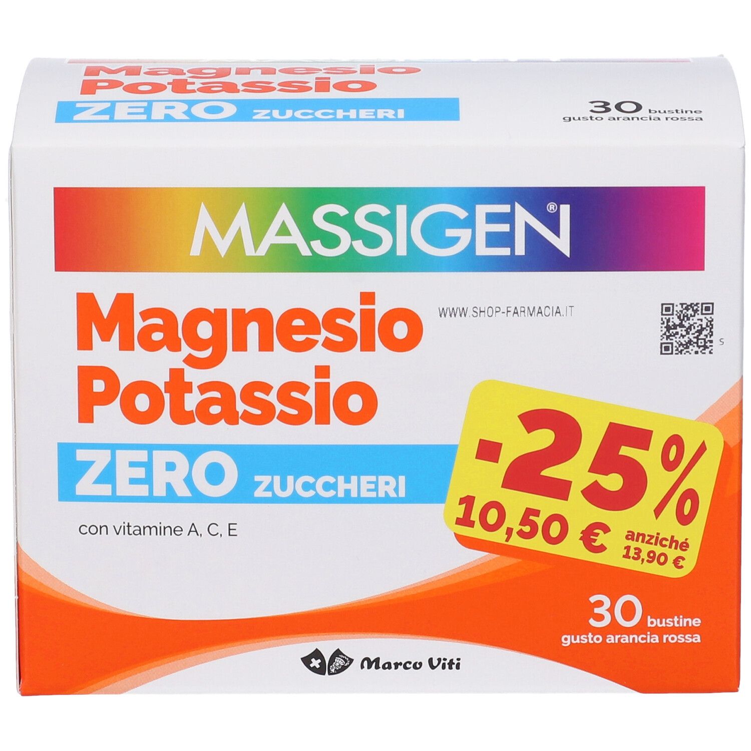 Confezione di MASSIGEN Magnesio Potassio Zero. Contiene 30 bustine. Con sconto -25%, 10,50€ invece di 13,90€.