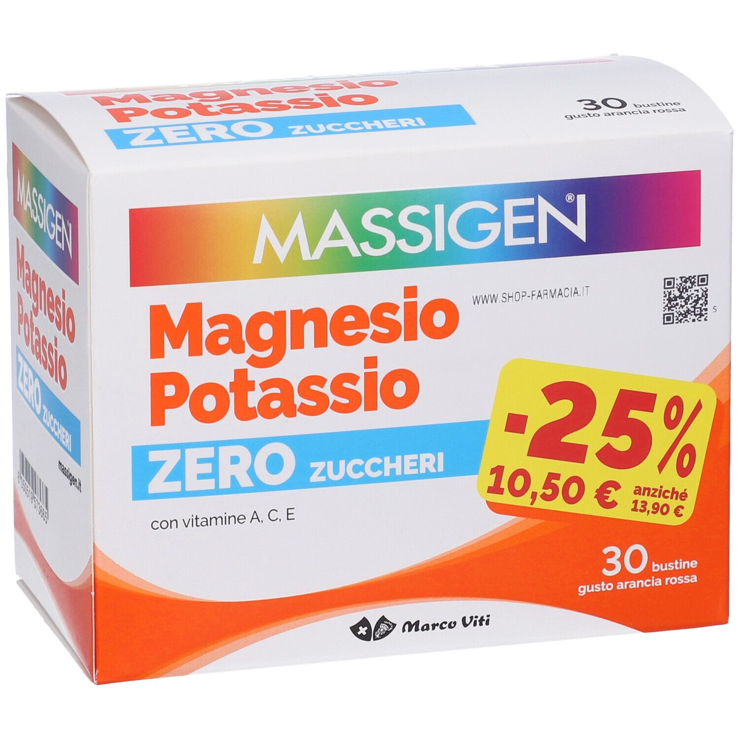 Confezione di MASSIGEN Magnesio Potassio Zero. Contiene 30 bustine. Con sconto -25%, 10,50€ invece di 13,90€.