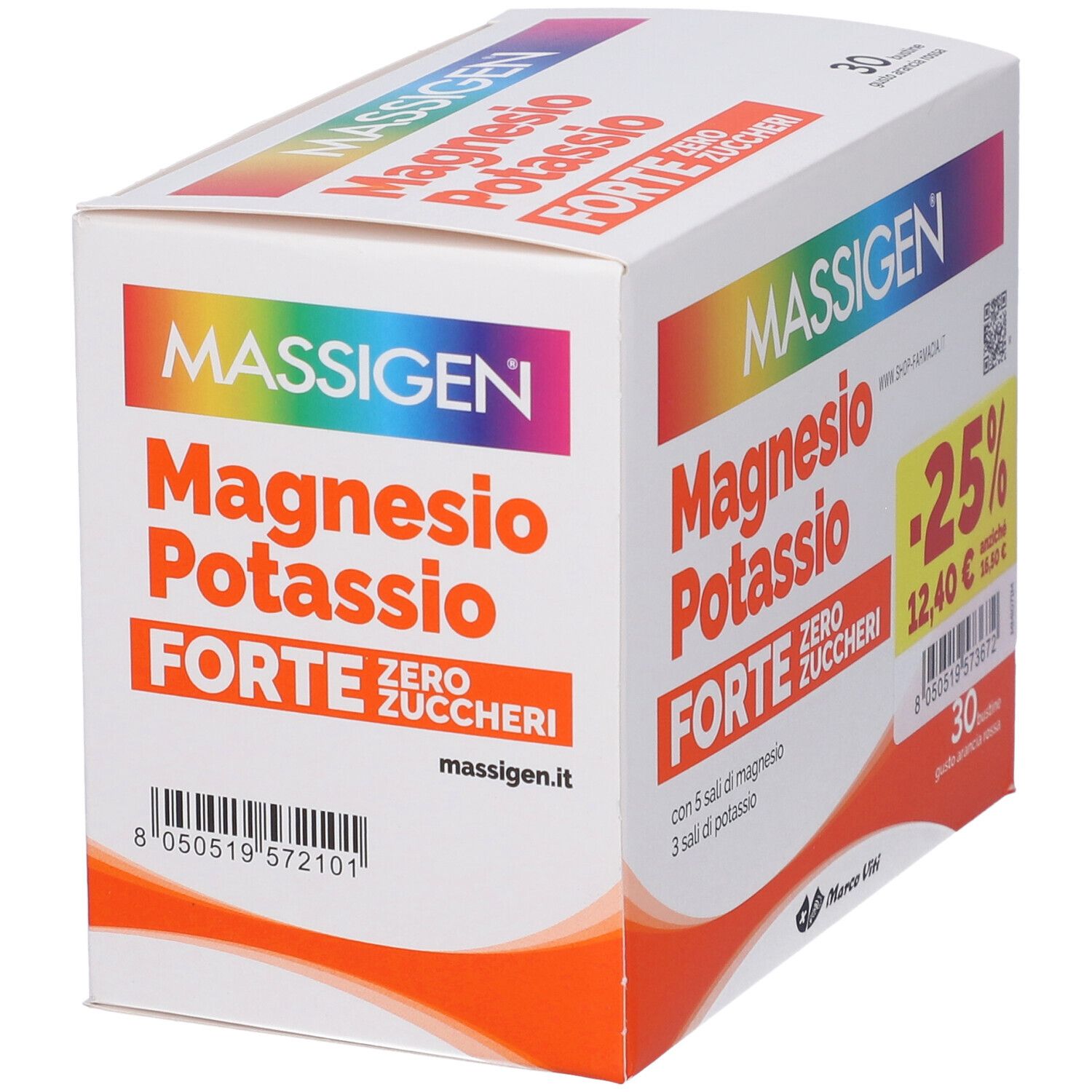 Confezione MASSIGEN Magnesio Potassio Forte. Scatola bianca con nome e dettagli del prodotto. Vista angolata.