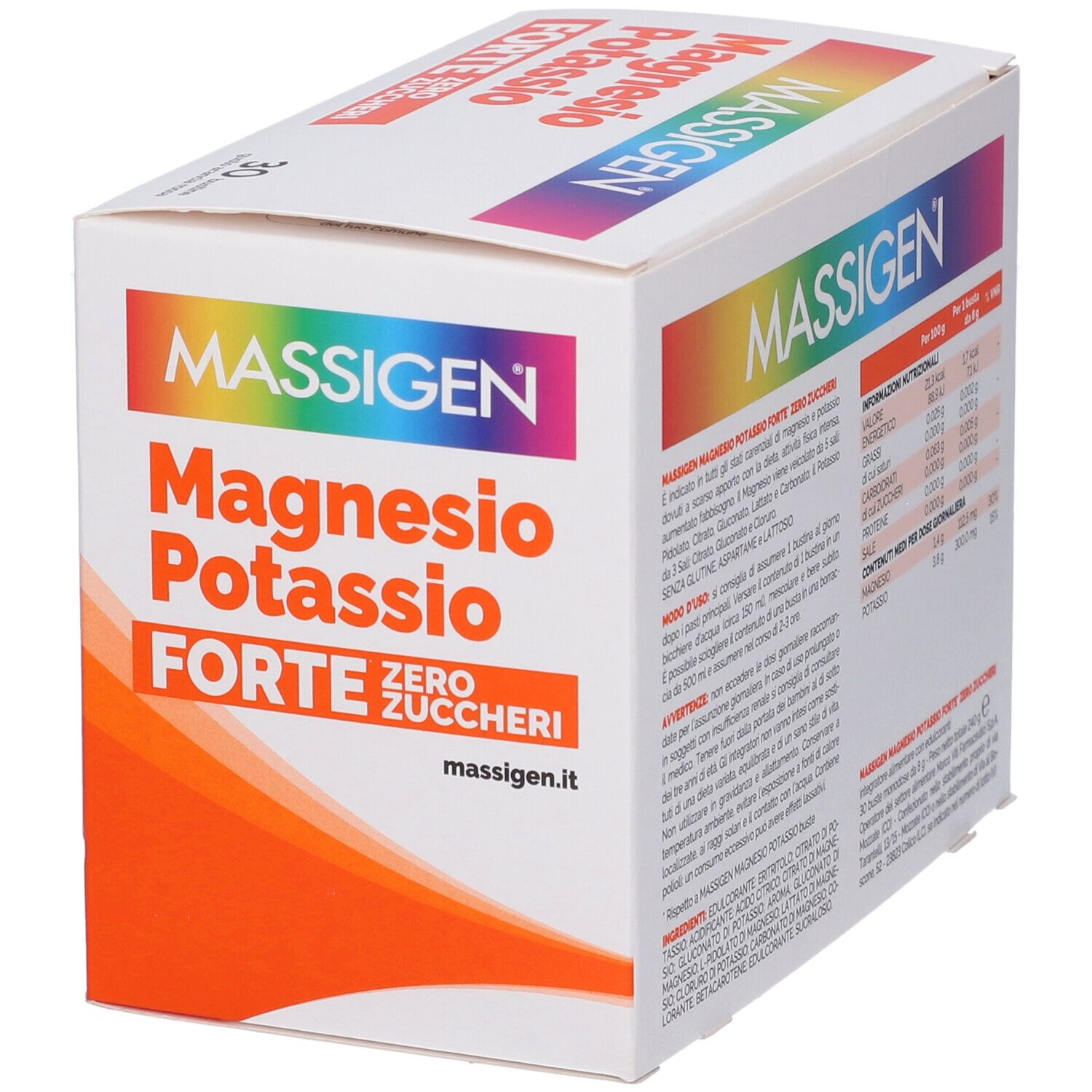 Confezione MASSIGEN Magnesio Potassio Forte. Scatola bianca con nome e dettagli del prodotto. Vista angolata.