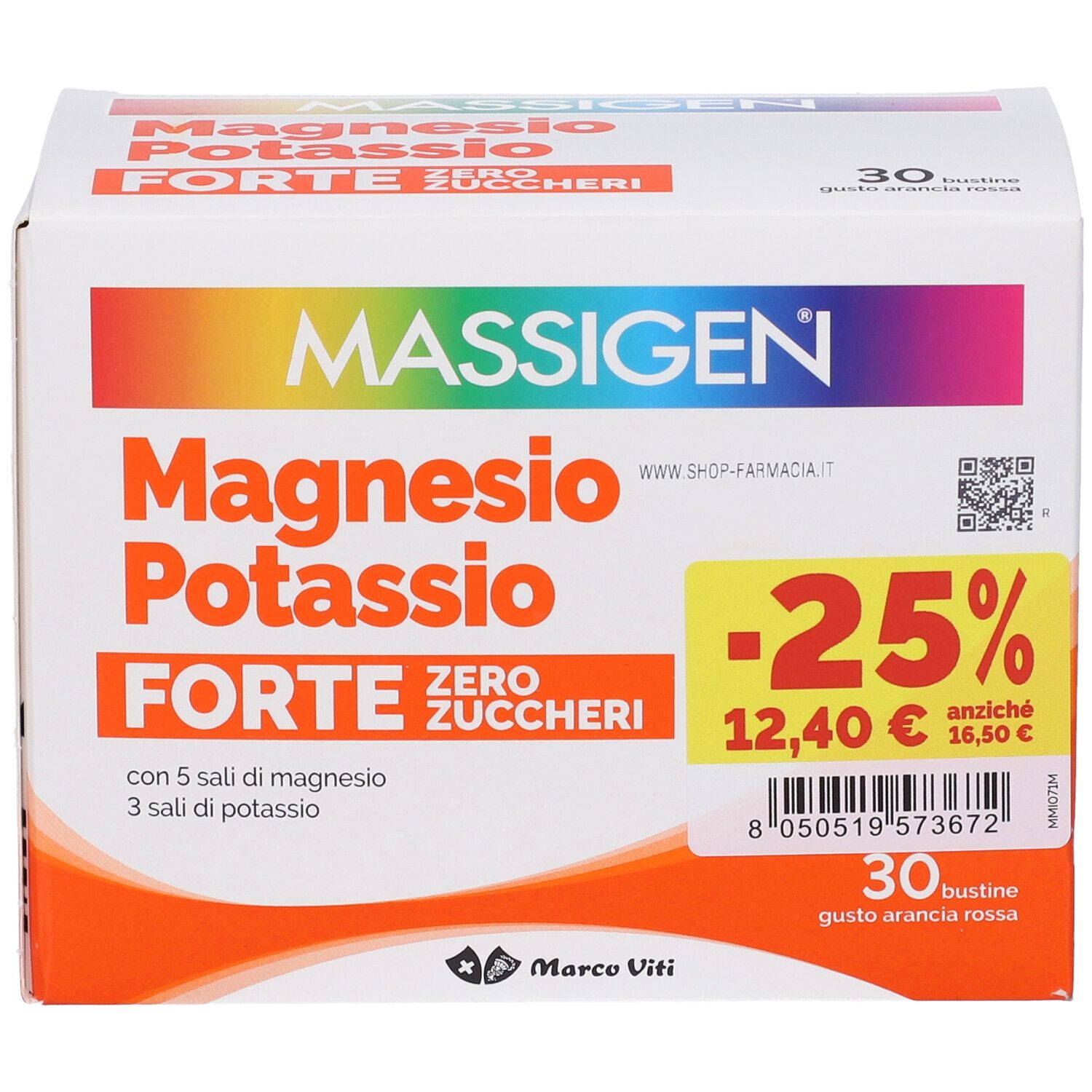 Confezione di MASSIGEN Magnesio Potassio Forte. Scatola bianca con nome e dettagli del prodotto. Etichetta sconto.