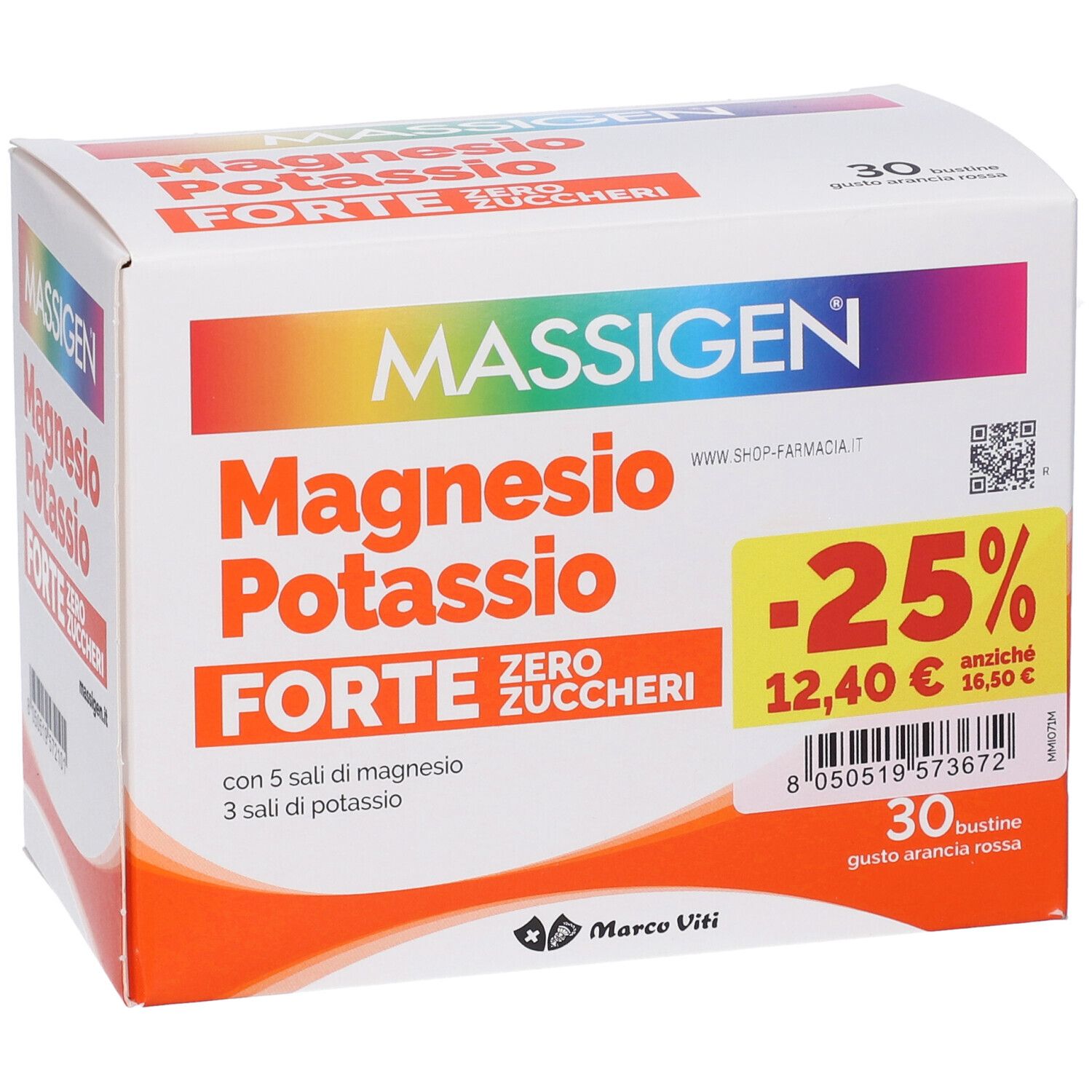 Confezione di MASSIGEN Magnesio Potassio Forte. Scatola bianca con nome e dettagli del prodotto. Etichetta sconto.