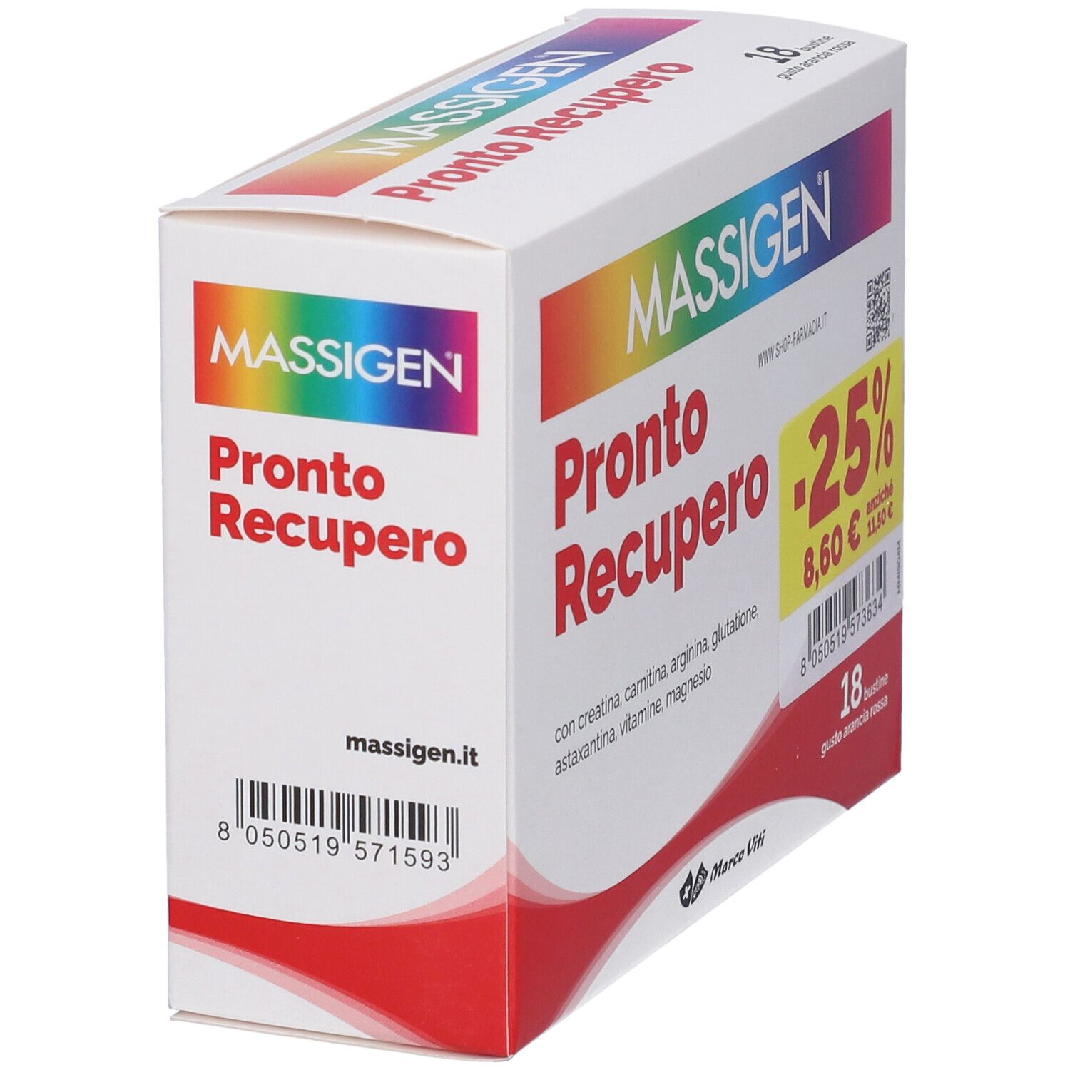 Confezione di MASSIGEN Pronto Recupero. Contiene 18 bustine. Nome del prodotto e logo visibili.