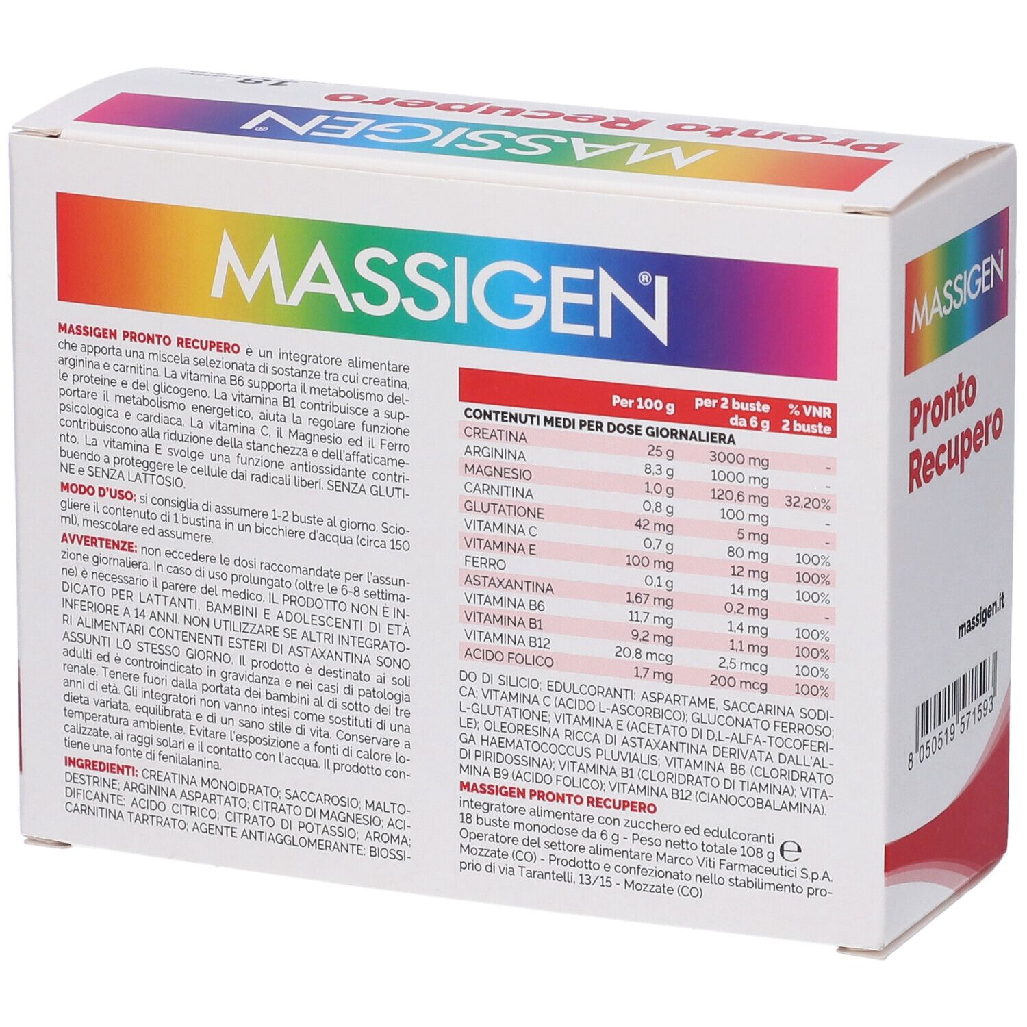 Confezione di MASSIGEN Pronto Recupero. Retro con informazioni nutrizionali e ingredienti.
