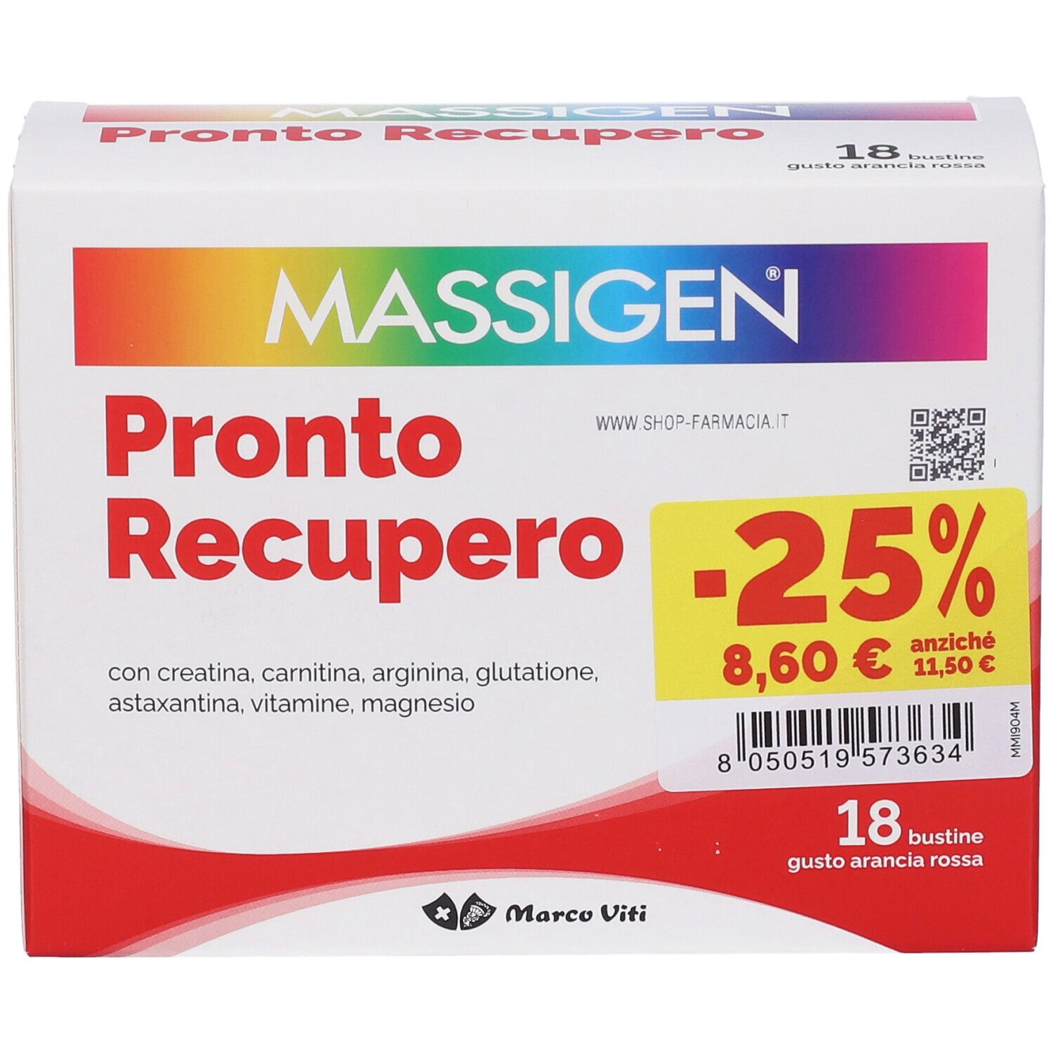 Confezione di MASSIGEN Pronto Recupero. Contiene 18 bustine. Sconto e informazioni sul prodotto.