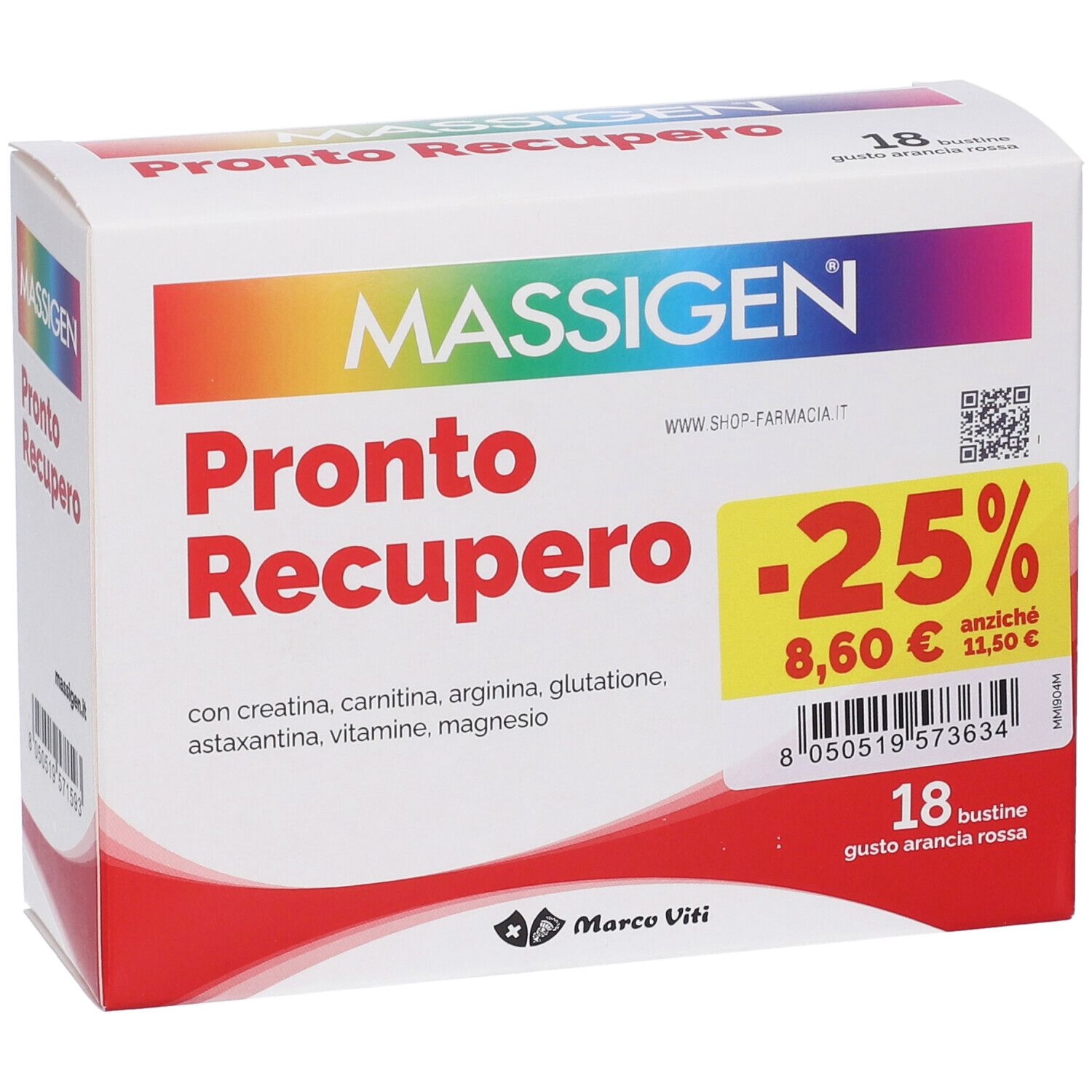 Confezione di MASSIGEN Pronto Recupero. Contiene 18 bustine. Sconto e informazioni sul prodotto.