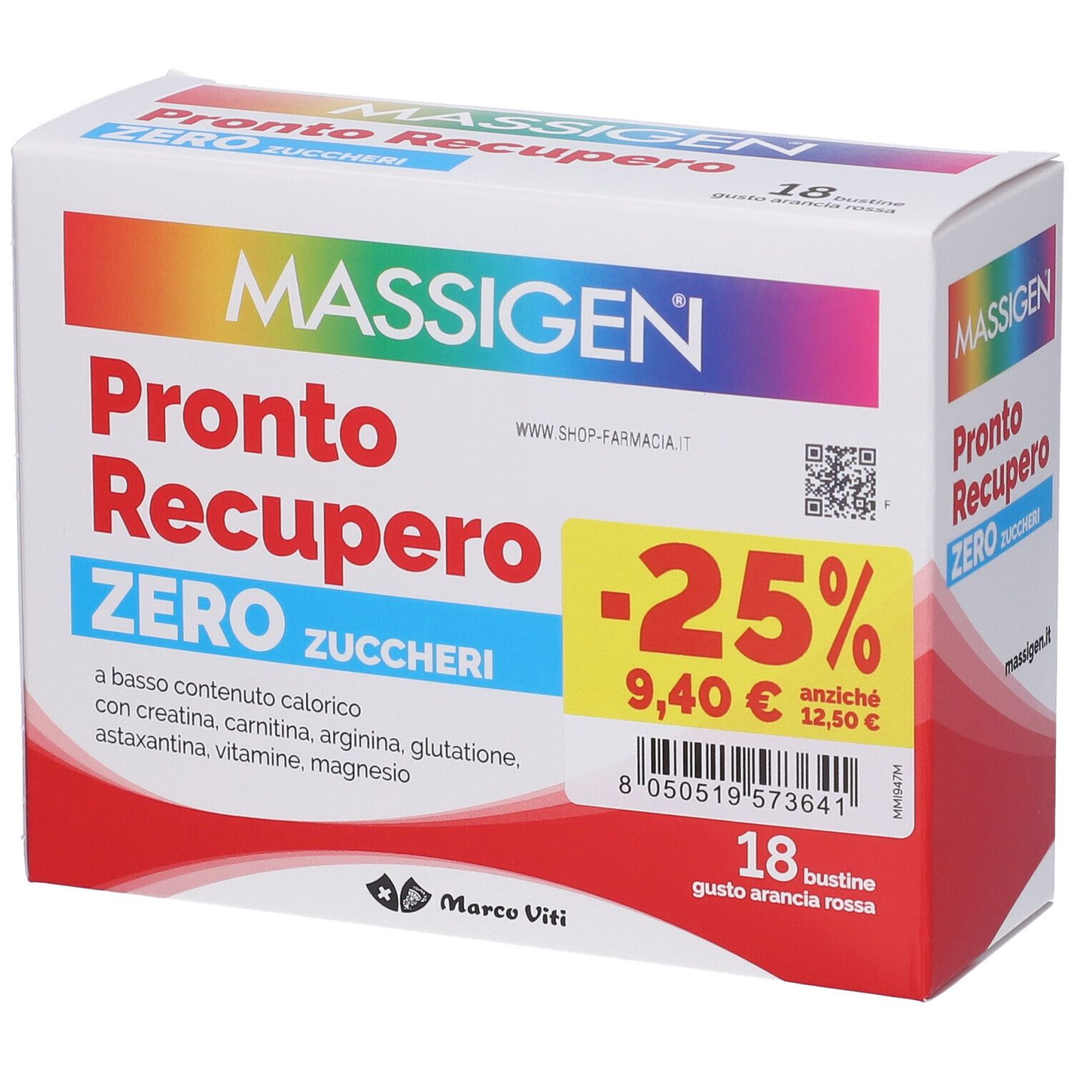 Confezione di MASSIGEN Pronto Recupero ZERO. Contiene 18 bustine. Con sconto del -25%.