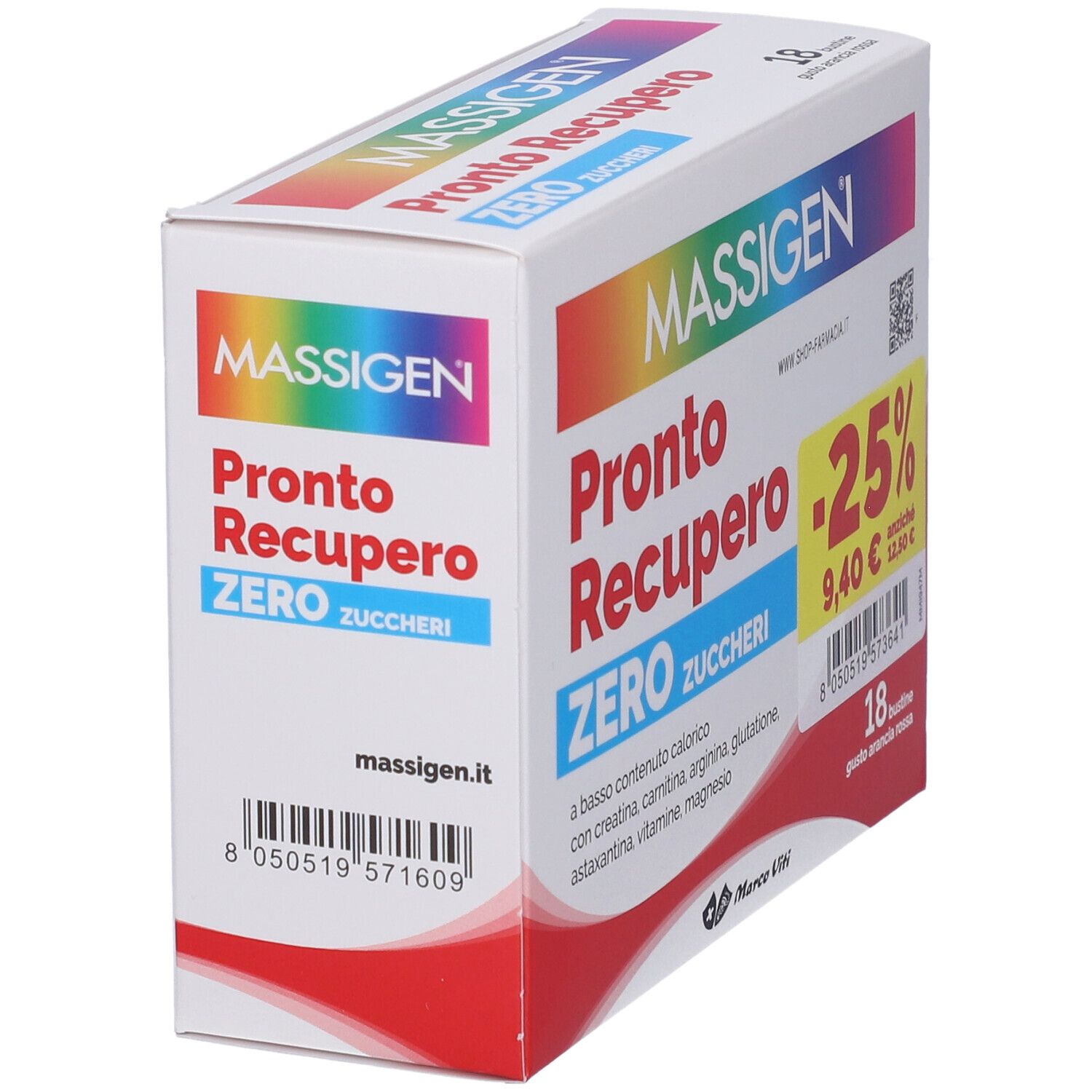 Confezione di MASSIGEN Pronto Recupero ZERO. Contiene 18 bustine. Con codice QR e codice a barre.