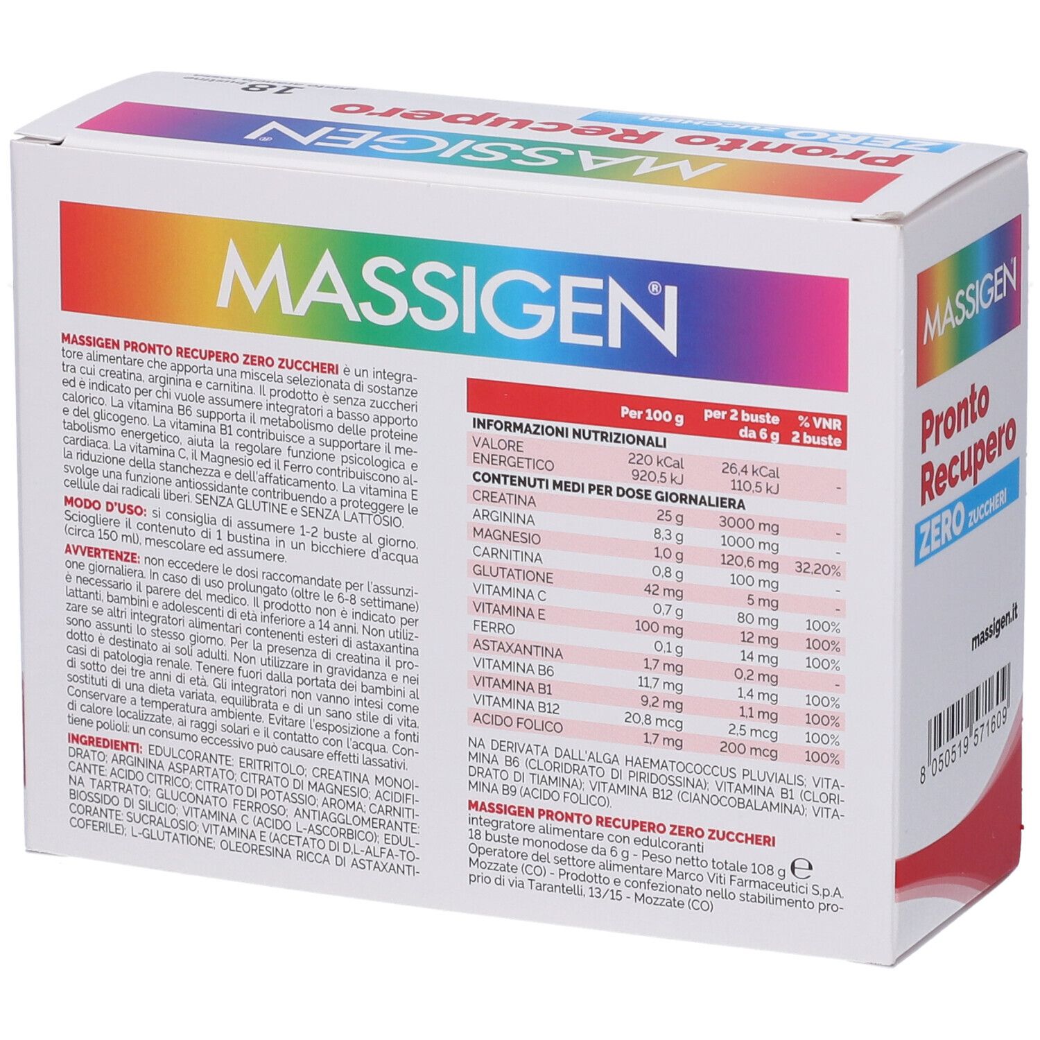Confezione di MASSIGEN Pronto Recupero ZERO. Retro con informazioni nutrizionali e ingredienti.