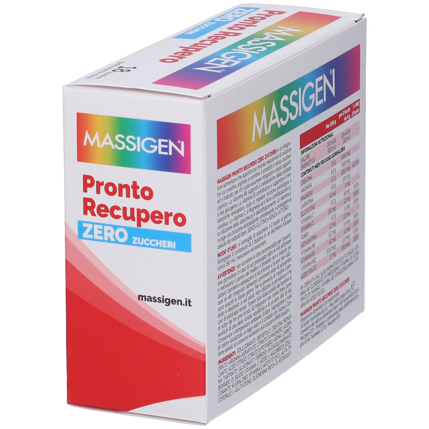 Confezione di MASSIGEN Pronto Recupero ZERO. Retro con testo e informazioni nutrizionali.