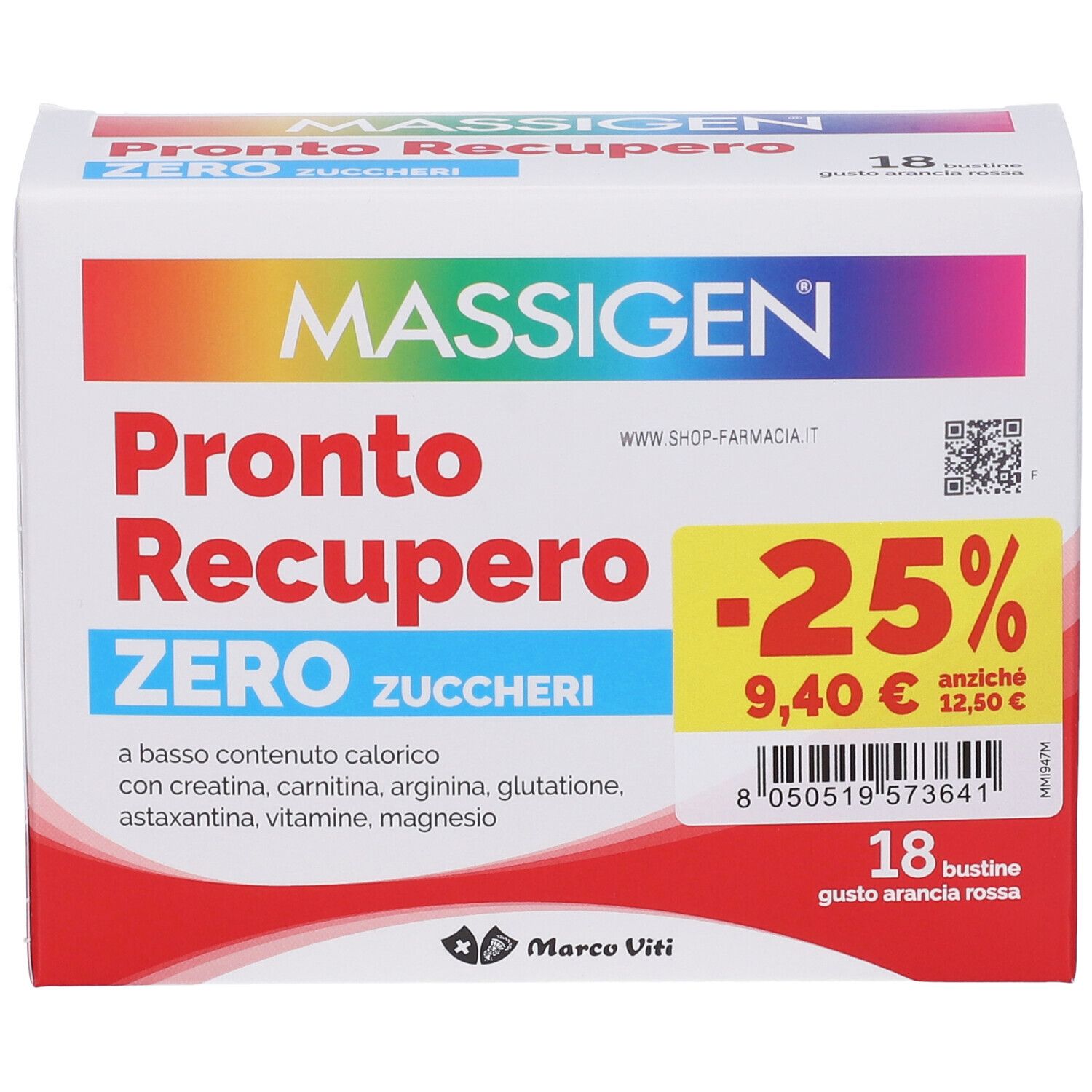 Confezione di MASSIGEN Pronto Recupero ZERO. Contiene 18 bustine. Con sconto del -25%.
