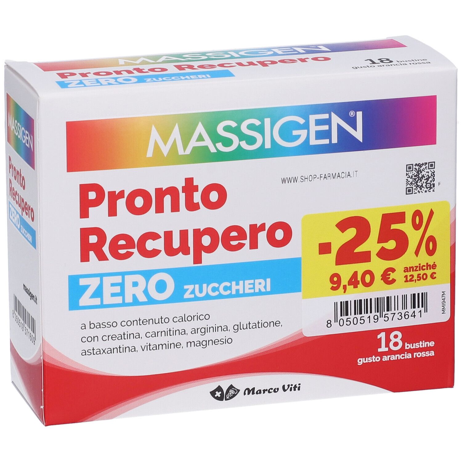 Confezione di MASSIGEN Pronto Recupero ZERO. Contiene 18 bustine. Con sconto del -25%.