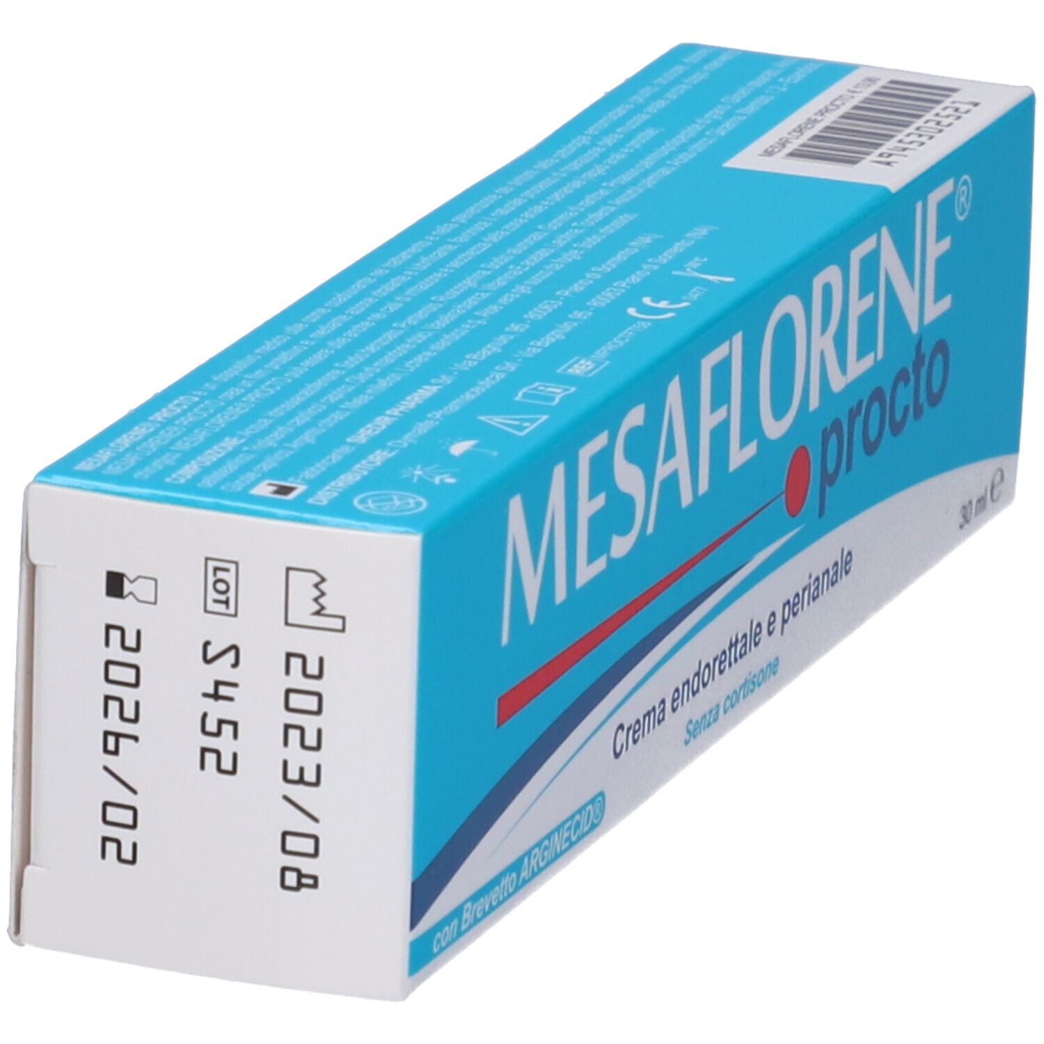 Scatola blu e bianca. Scritta: MESAFLORENE procto. Crema endorettale e perianale. Data di scadenza.