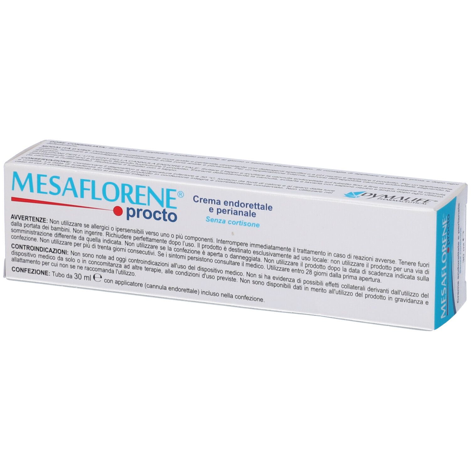 Scatola blu e bianca. Scritta: MESAFLORENE procto. Crema endorettale e perianale. Testo.