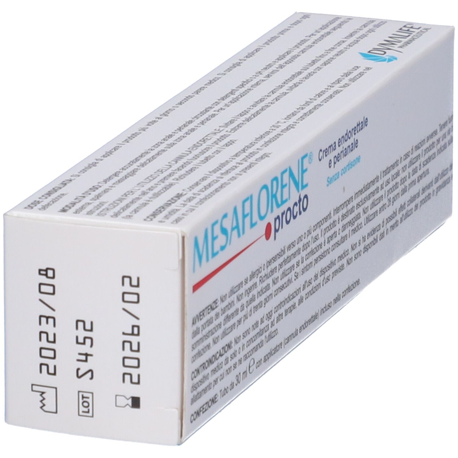 Scatola blu e bianca. Scritta: MESAFLORENE procto. Crema endorettale e perianale. Data di scadenza.