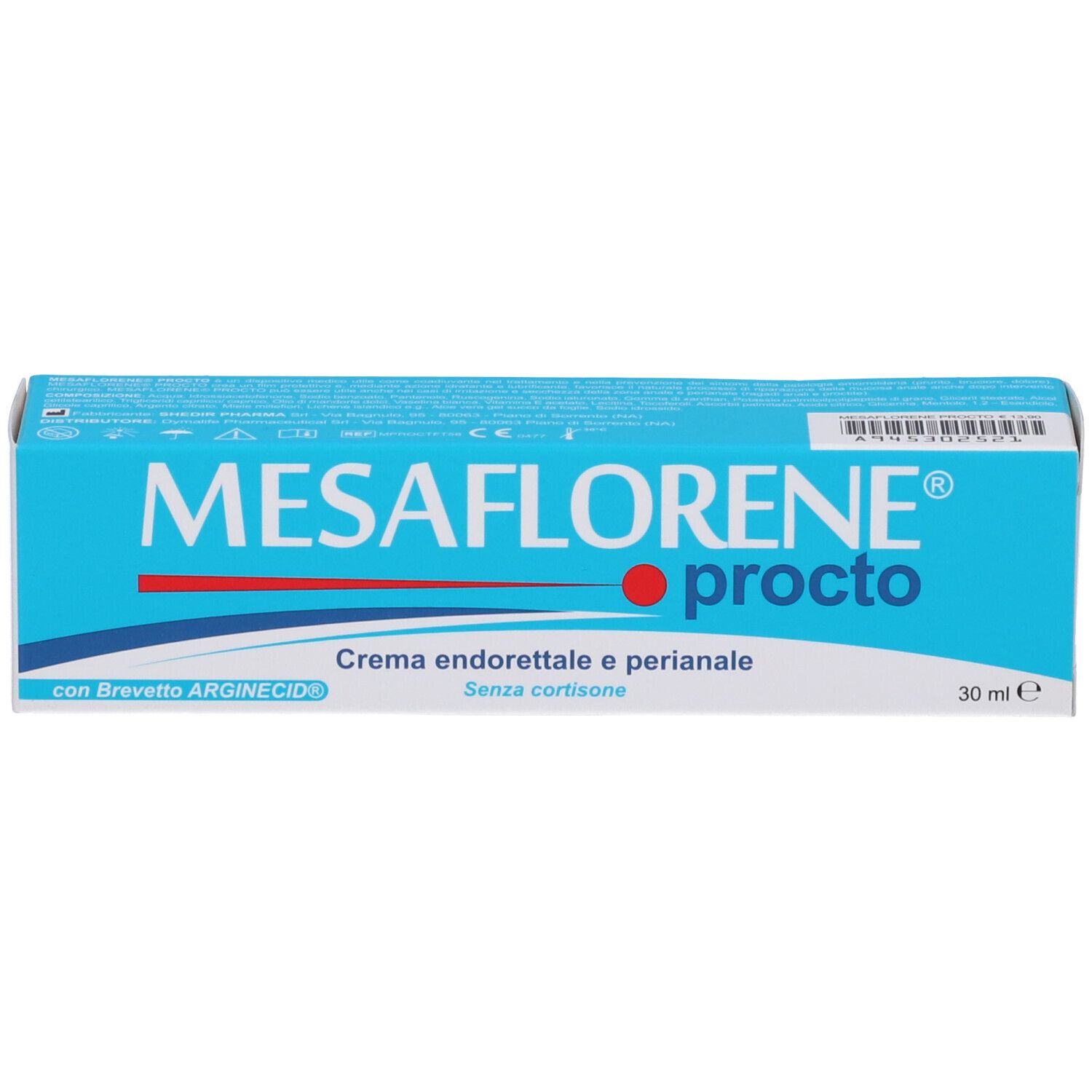 Scatola blu e bianca. Scritta: MESAFLORENE procto. Crema endorettale e perianale. 30 ml.