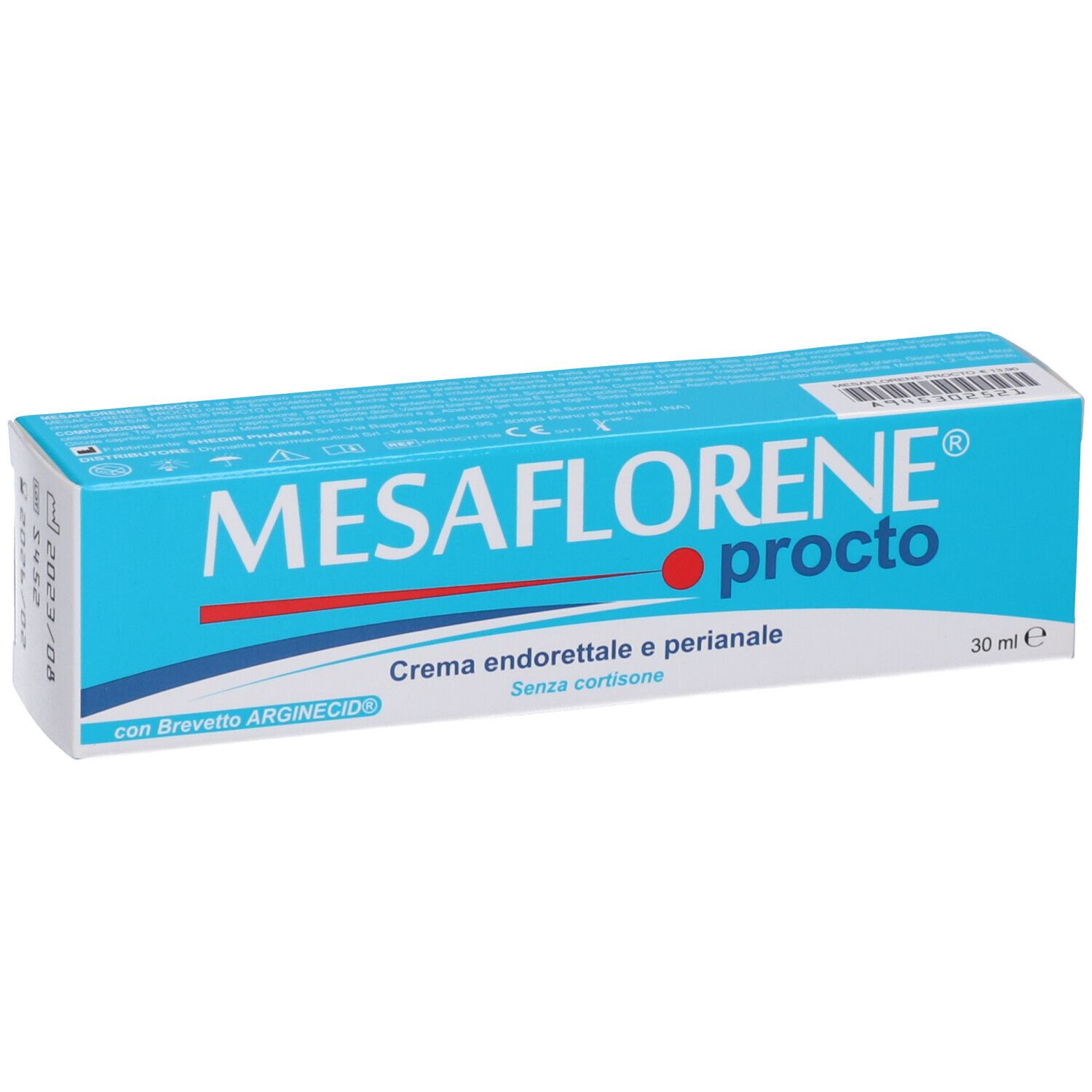 Scatola blu e bianca. Scritta: MESAFLORENE procto. Crema endorettale e perianale. 30 ml.