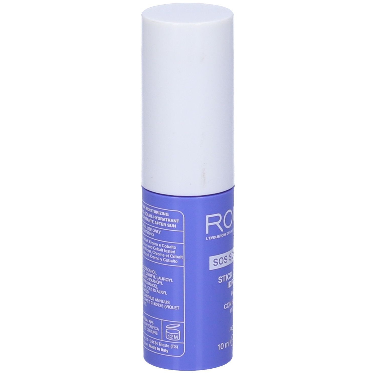 Stick blu e bianco. Scritta: Rougj, SOS Scottature, ingredienti, 10 ml.