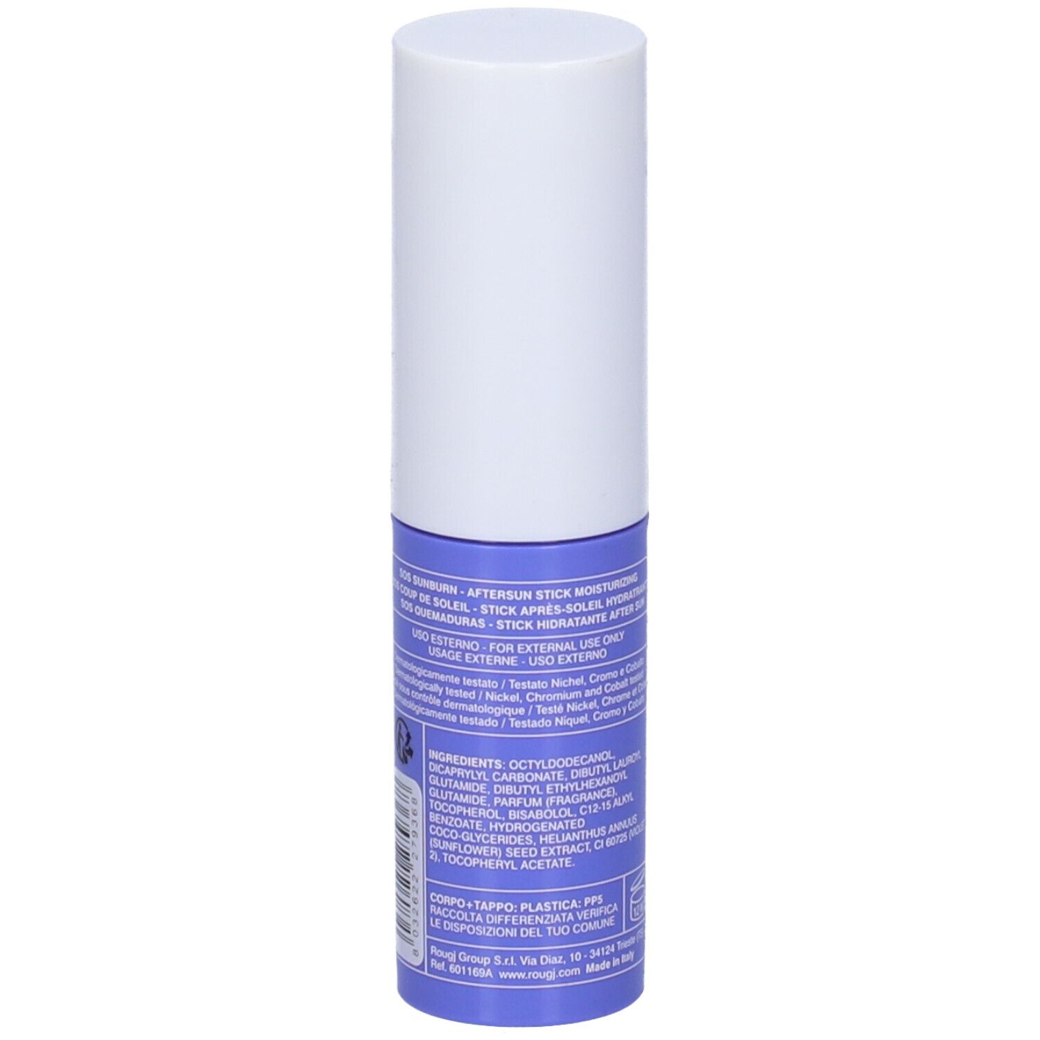 Stick blu e bianco. Scritta: Rougj, SOS Scottature, ingredienti, 10 ml.
