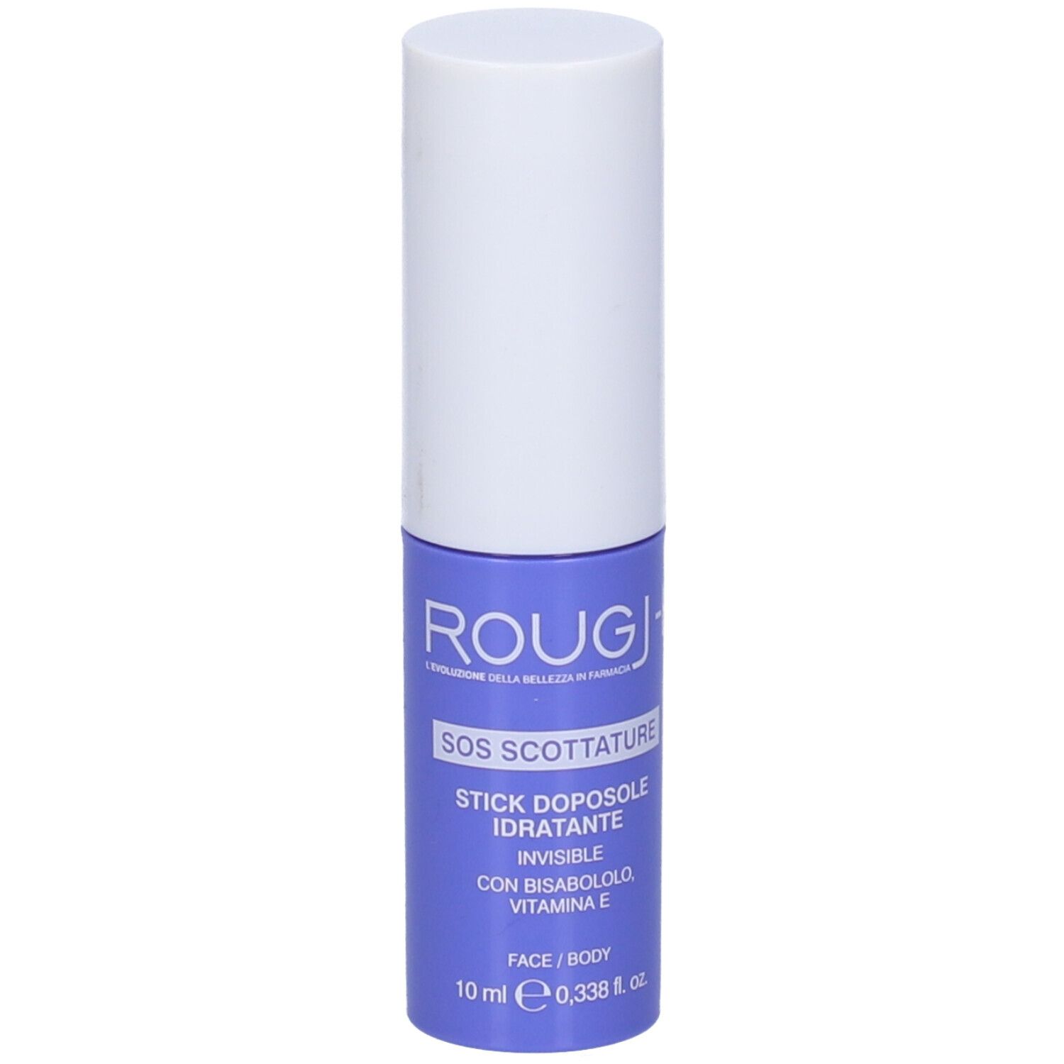 Stick blu e bianco. Scritta: Rougj, SOS Scottature, Stick Doposole, 10 ml.
