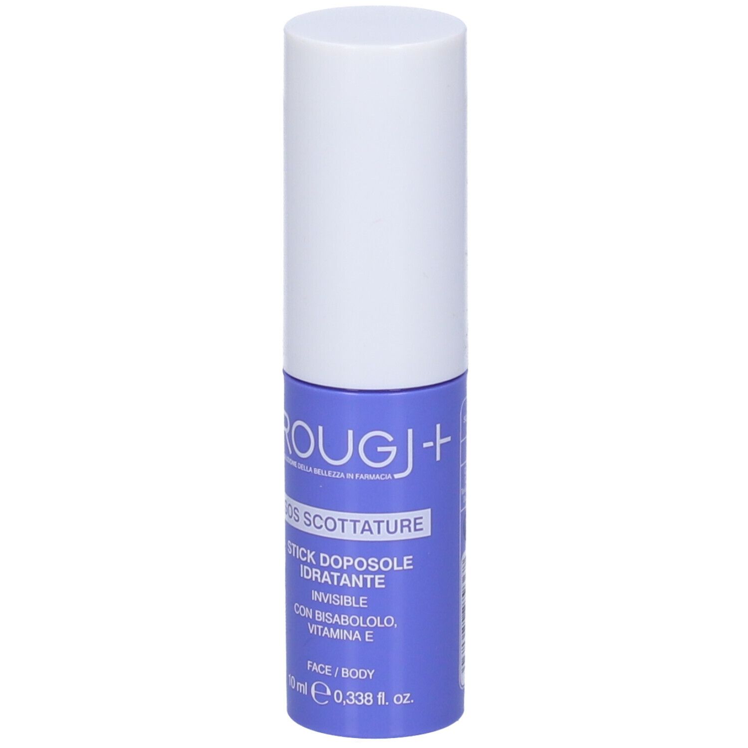 Stick blu e bianco. Scritta: Rougj, SOS Scottature, Stick Doposole, 10 ml.