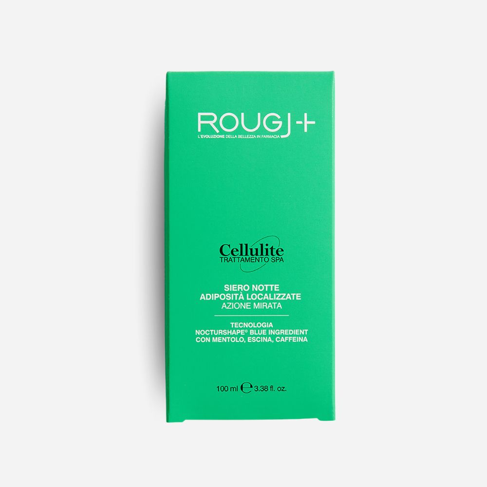 Confezione verde. Scritte: Rougj+, Cellulite, Siero Notte, Adiposità Localizzate, Tecnologia Nocturshape.