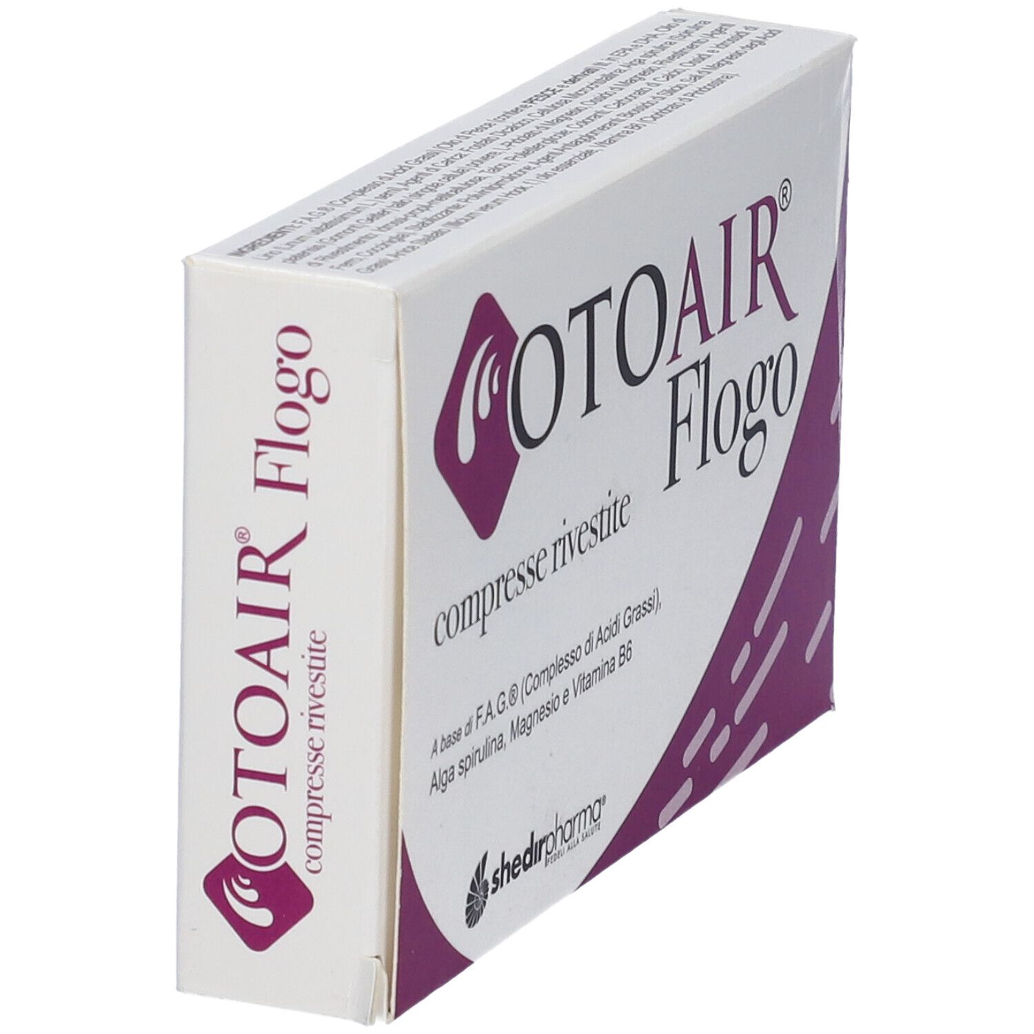Scatola di compresse Otoair Flogo, vista laterale. Bianca con dettagli viola. Testo: compresse rivestite, Shedir Pharma.