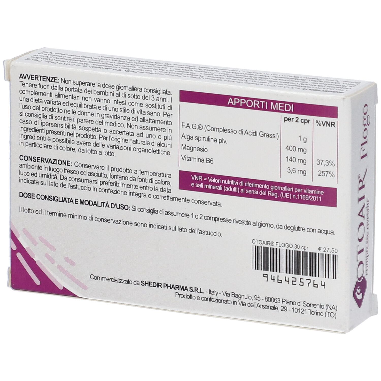 Retro della scatola di compresse Otoair Flogo. Contiene informazioni nutrizionali e avvertenze. Testo in italiano.