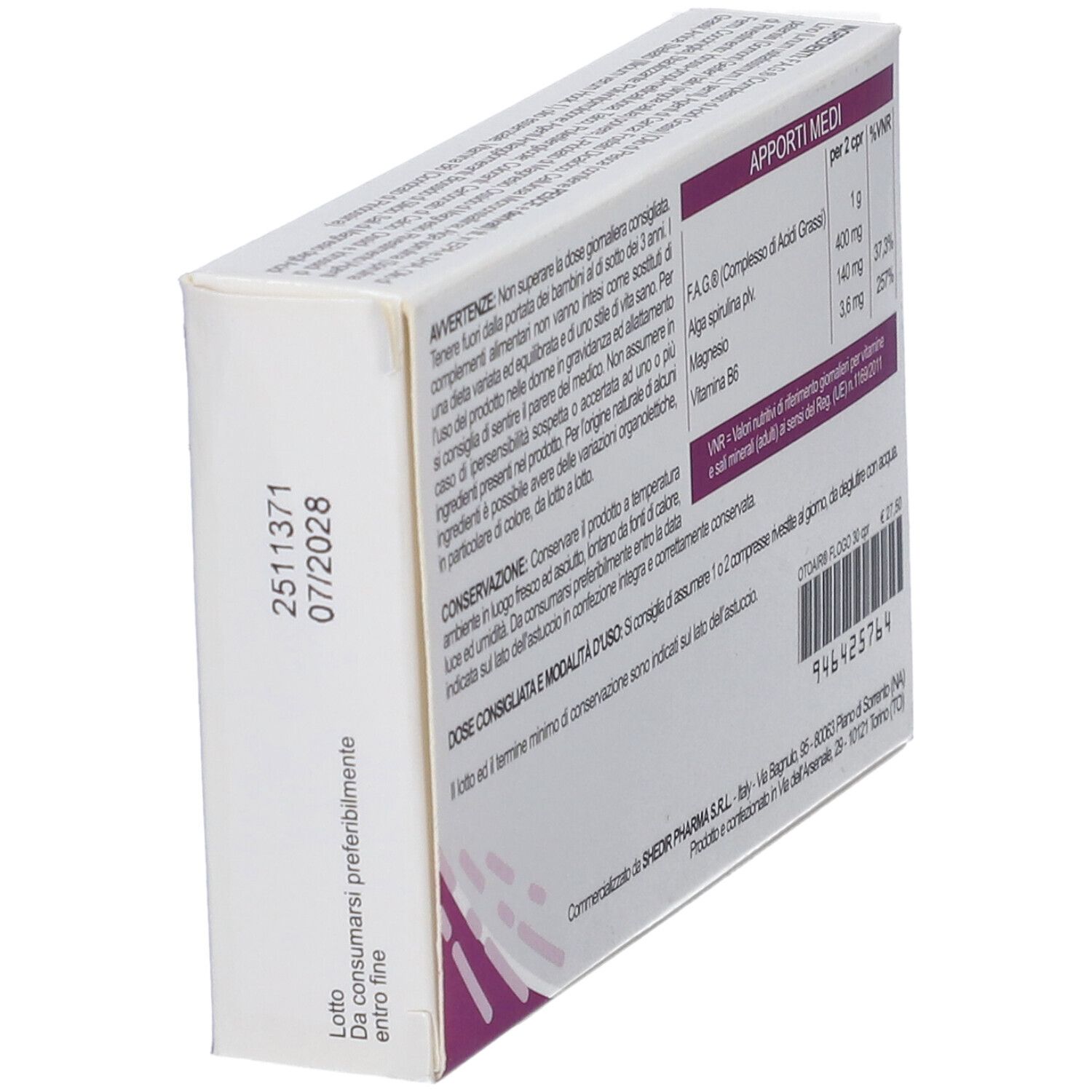 Vista laterale della scatola di compresse Otoair Flogo. Contiene informazioni e data di scadenza. Testo in italiano.