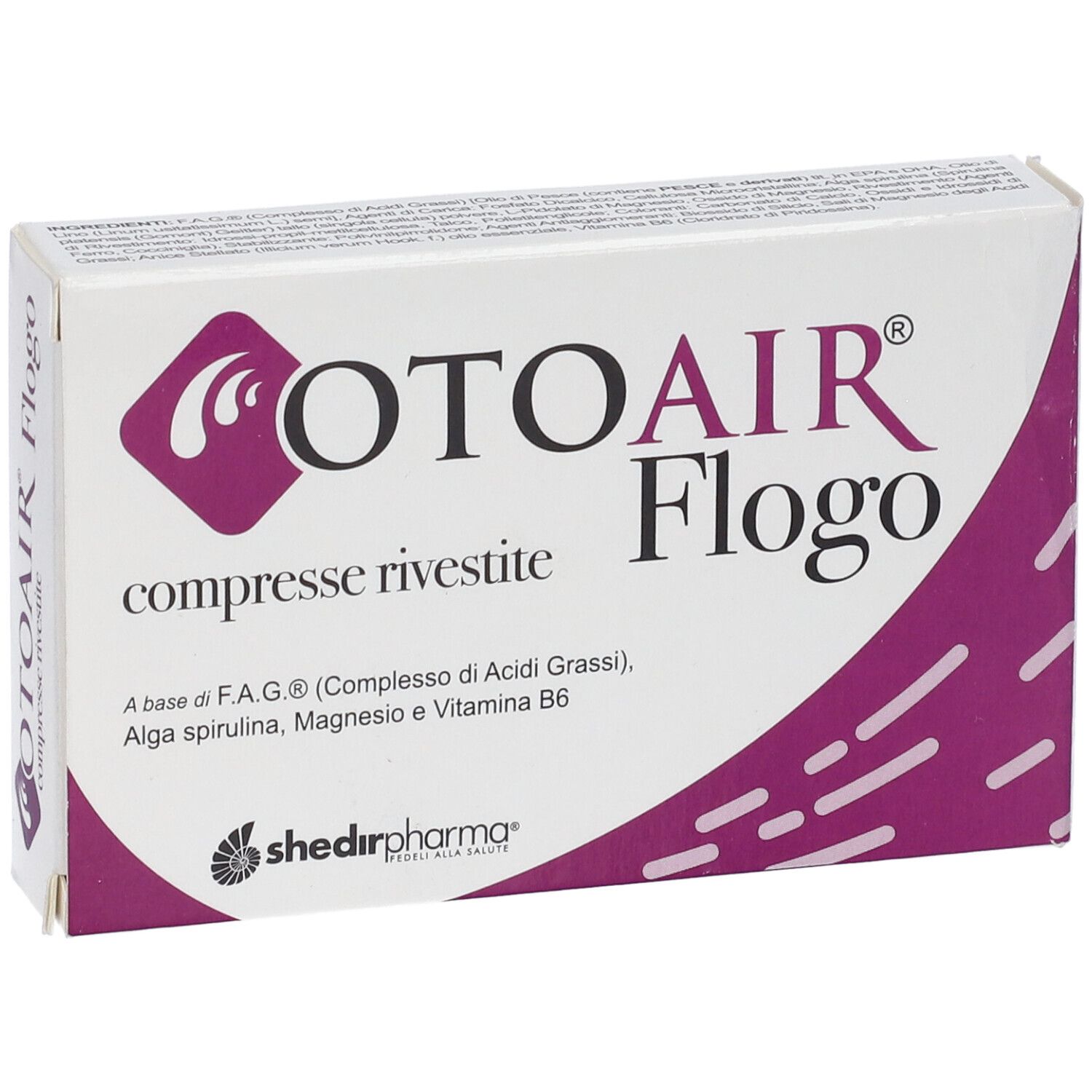 Scatola di compresse Otoair Flogo. Bianca con dettagli viola. Testo: compresse rivestite, Shedir Pharma. Vista prodotto.