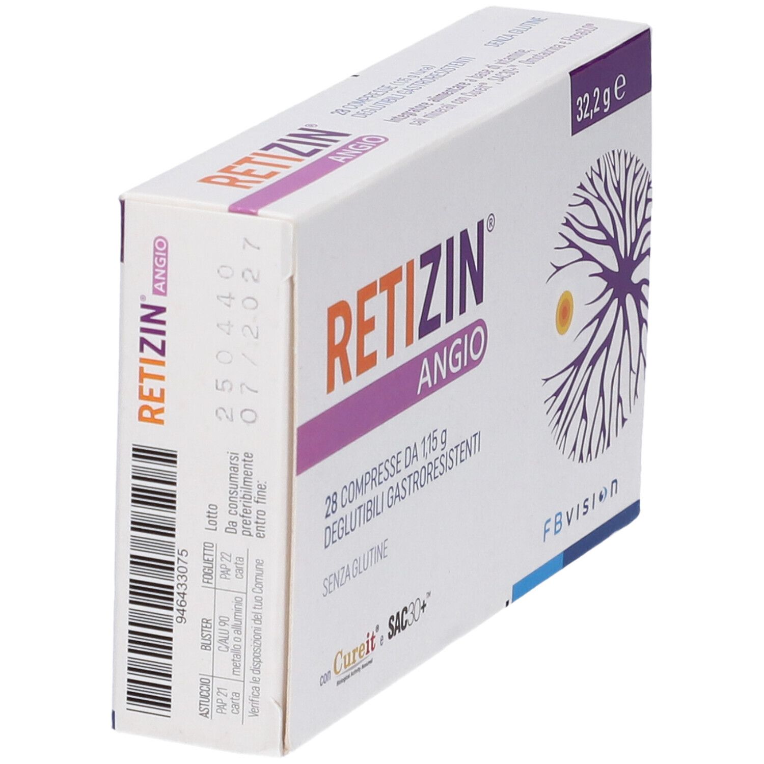 Scatola Retizin Angio, angolata. Scritta: 28 compresse, senza glutine. Logo e nome.