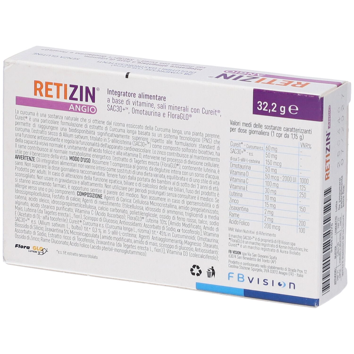 Retro scatola Retizin Angio. Testo: ingredienti, informazioni nutrizionali. Logo e nome.