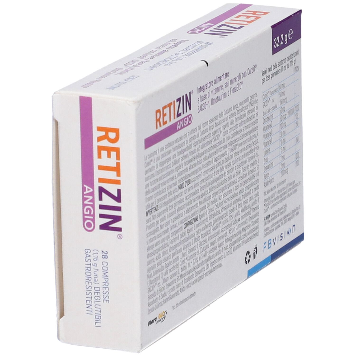Scatola Retizin Angio, angolata. Testo e logo. Scritta: 28 compresse, senza glutine.