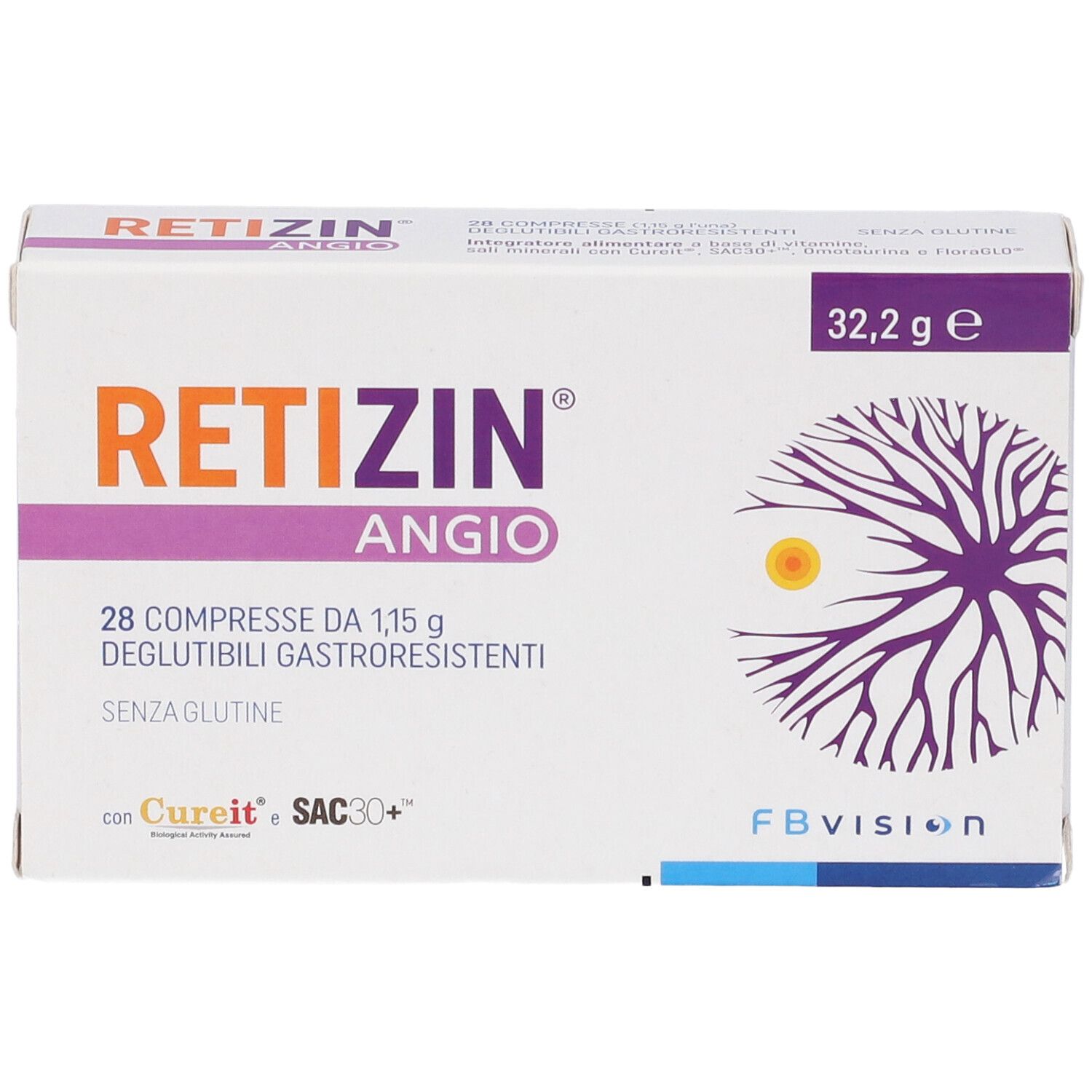 Scatola Retizin Angio. Scritta: 28 compresse, senza glutine. Logo e nome del prodotto.