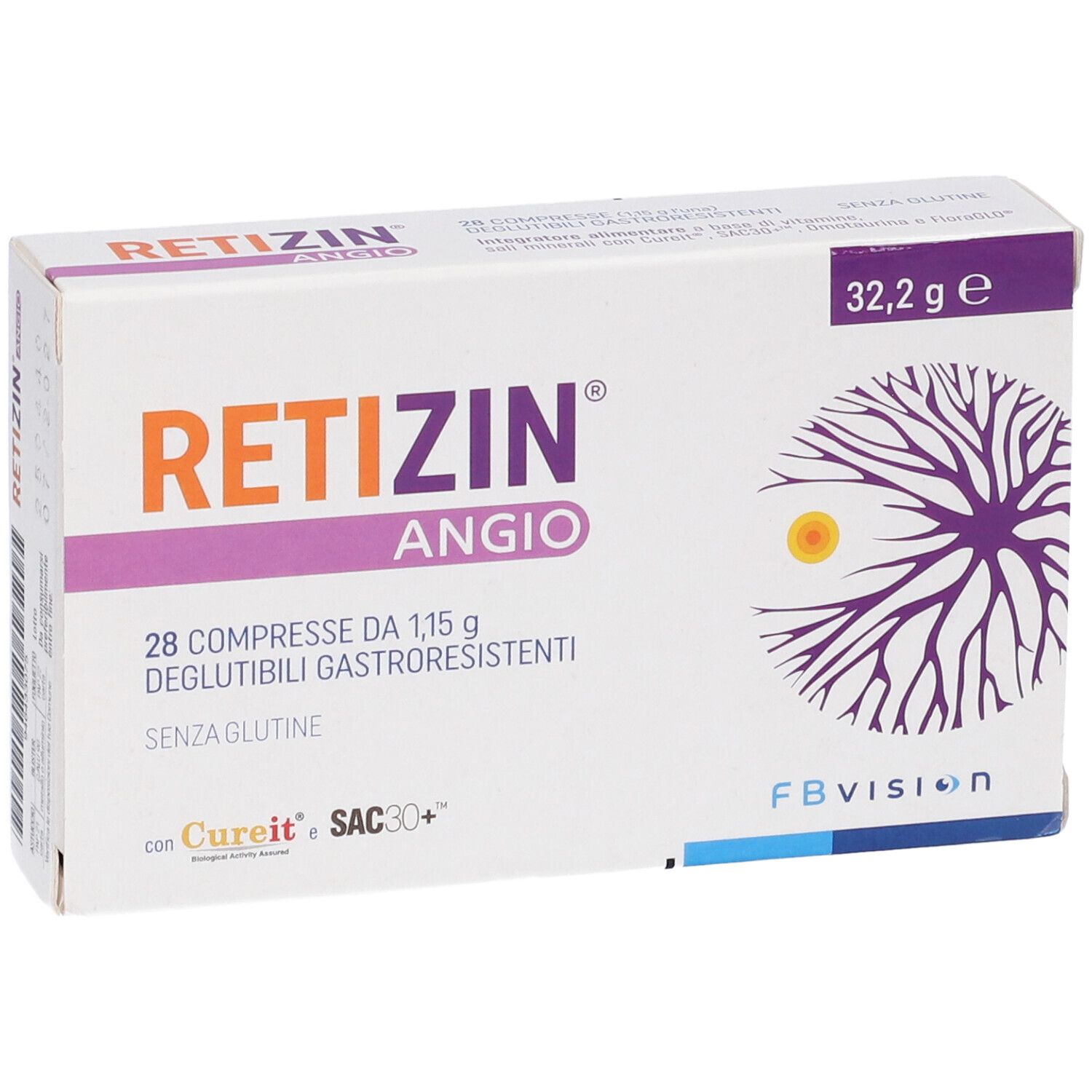 Scatola Retizin Angio. Scritta: 28 compresse, senza glutine. Logo e nome del prodotto.